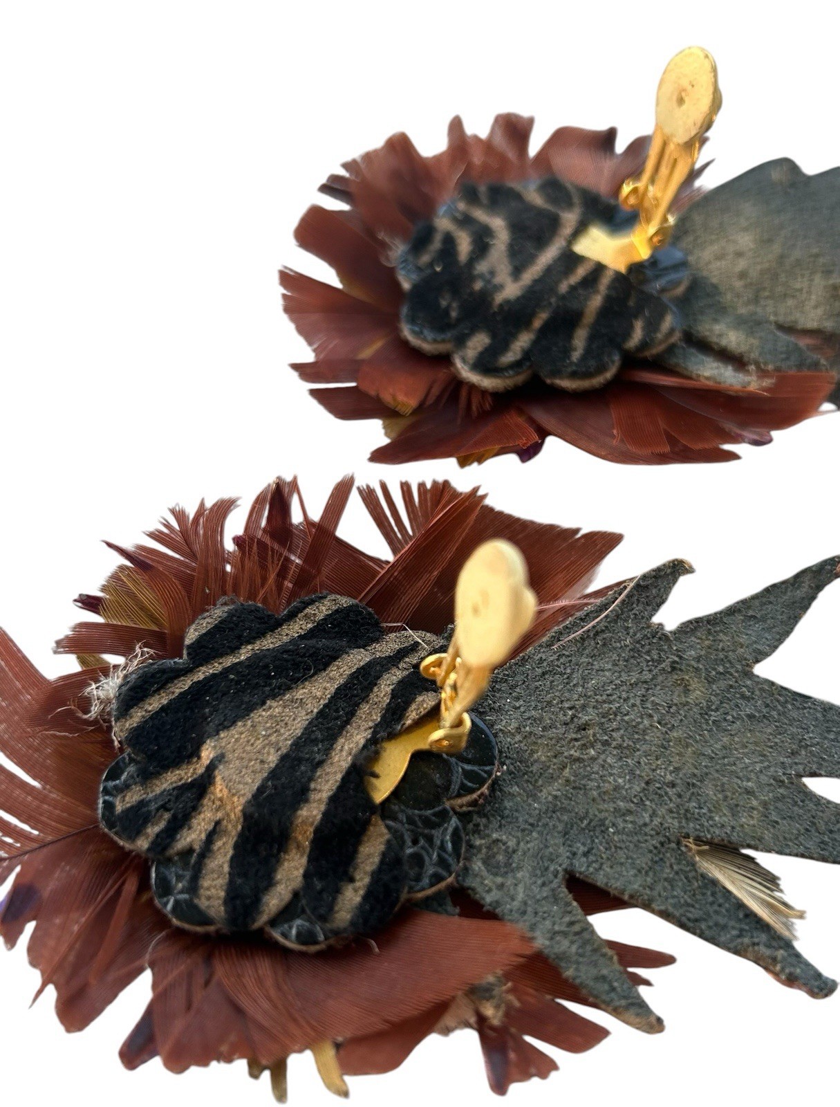 Vintage 80’s Statement Earrings Leather Feather Rhinestone Metallic Clip On Bold