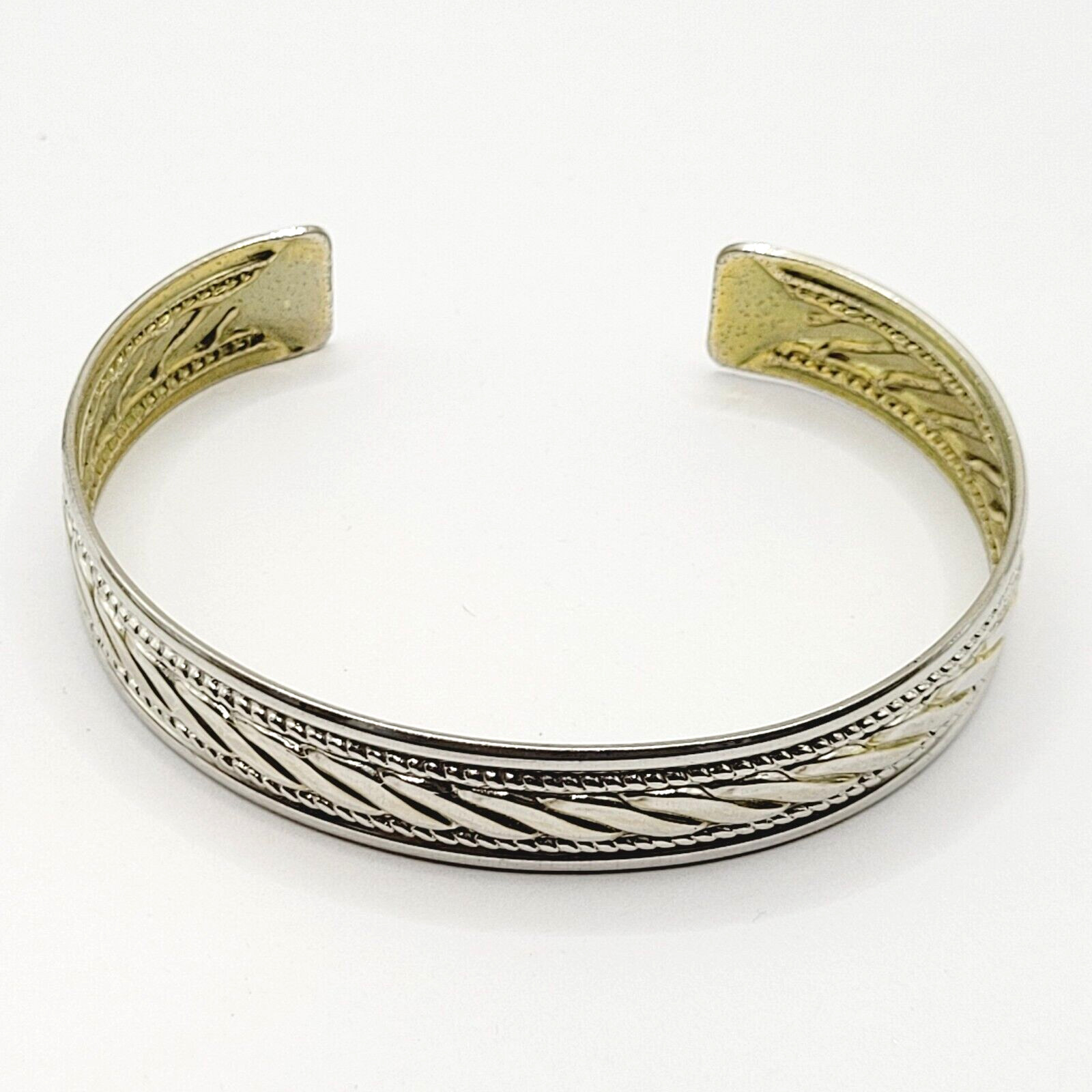 Two Vintage Metal Cuff Bracelets 1 Brass & 1 Silver Tone Patterned Tarnished