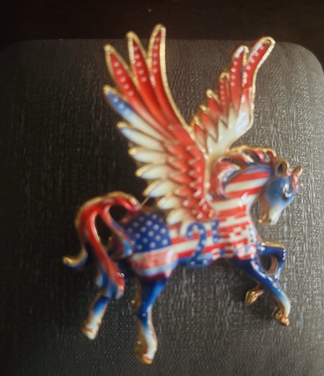 Flying Pegasus Unicorn Brooch Pin Red White Blue Floral Porcelain Style Gold NEW