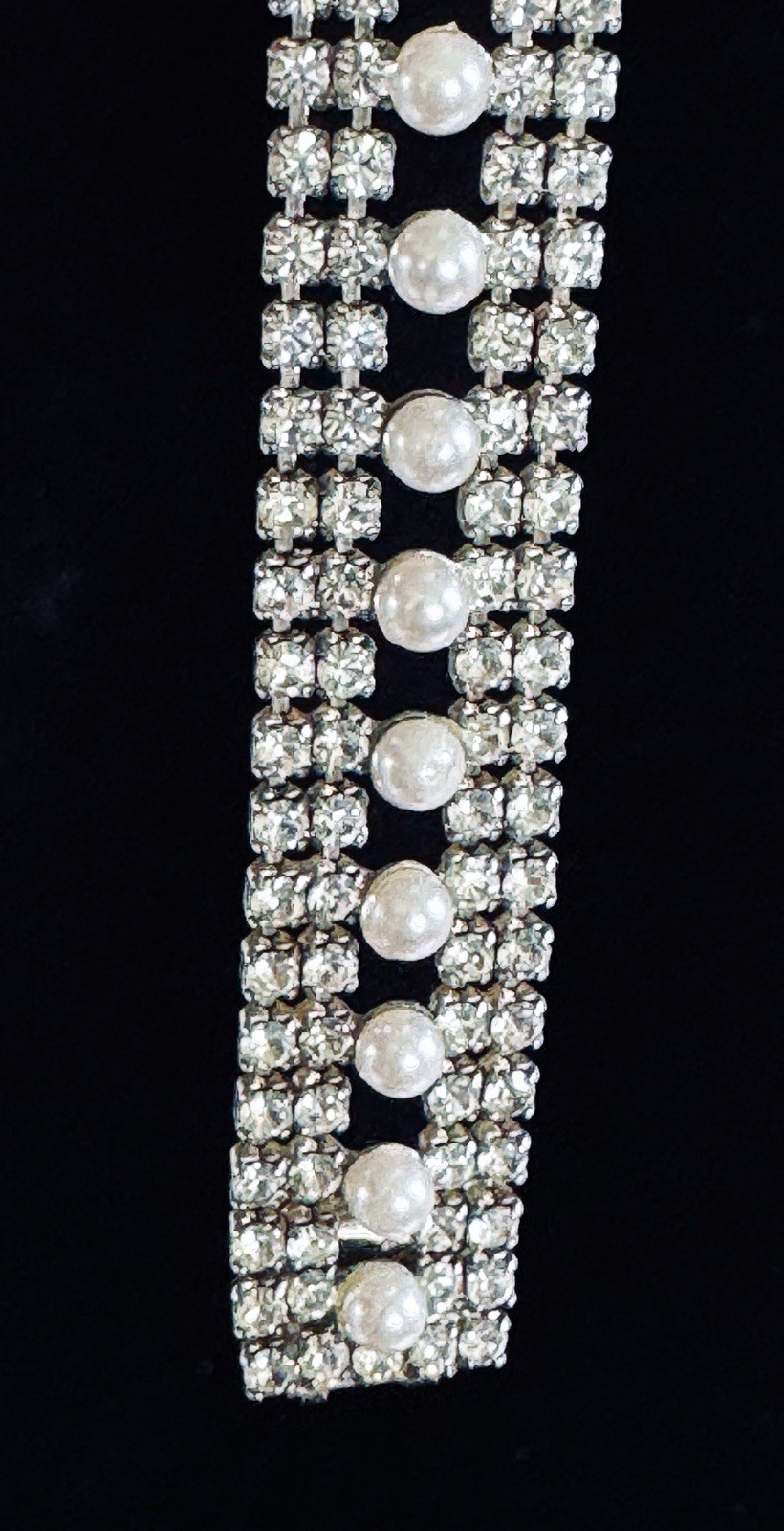 Vintage Multi Strand Clear Round Rhinestones and Faux Pearls Bracelet Box Clasp