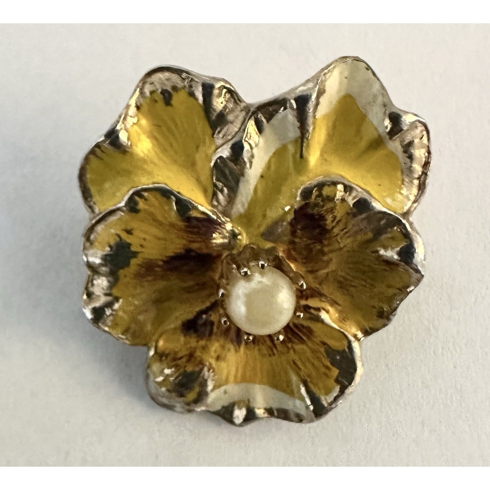 Vtg Pansy Yellow Enamel Pin Scatter Brooch Miniature Gold Tone with Faux Pearl