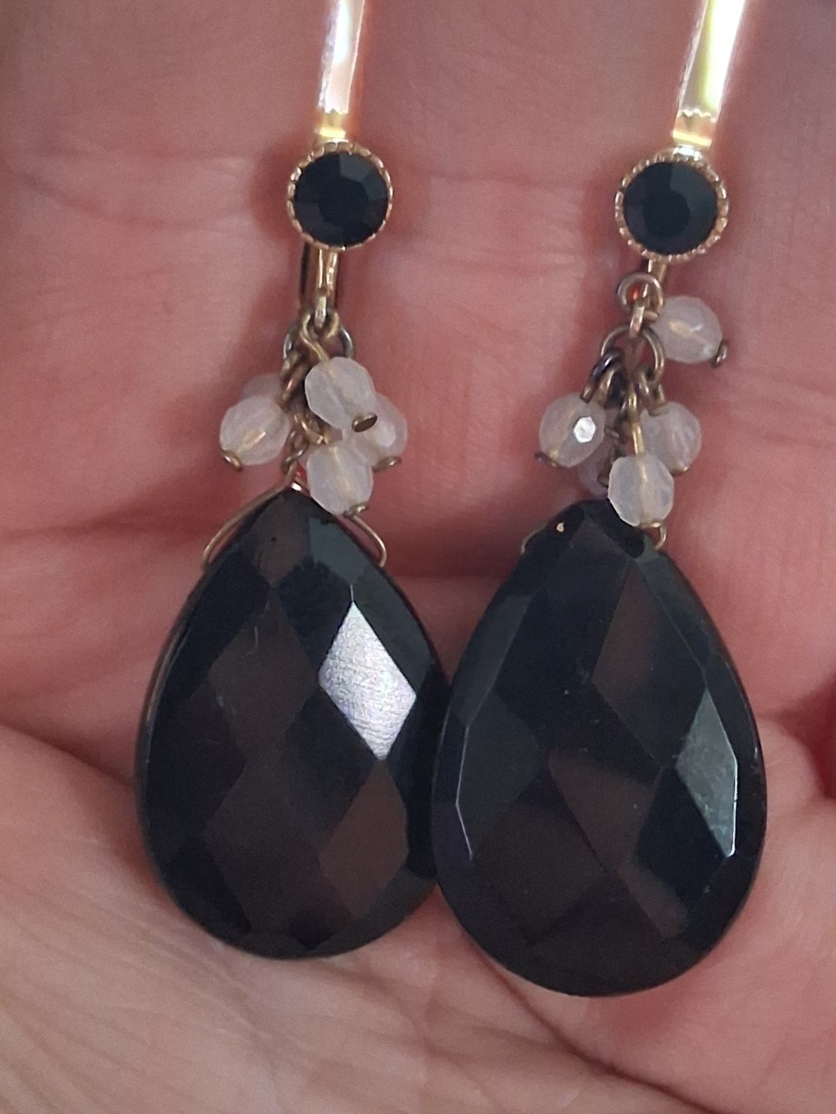 Faceted black glass teardrop stone adjustable clip on earrings w/dangle accents