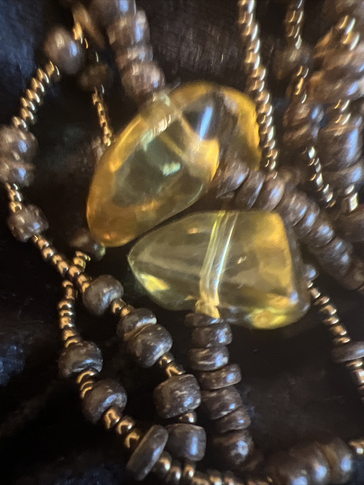 1946 Brand Brown Gold Color Lucite MOP And Wood Bead Multilayer Necklace Vtg