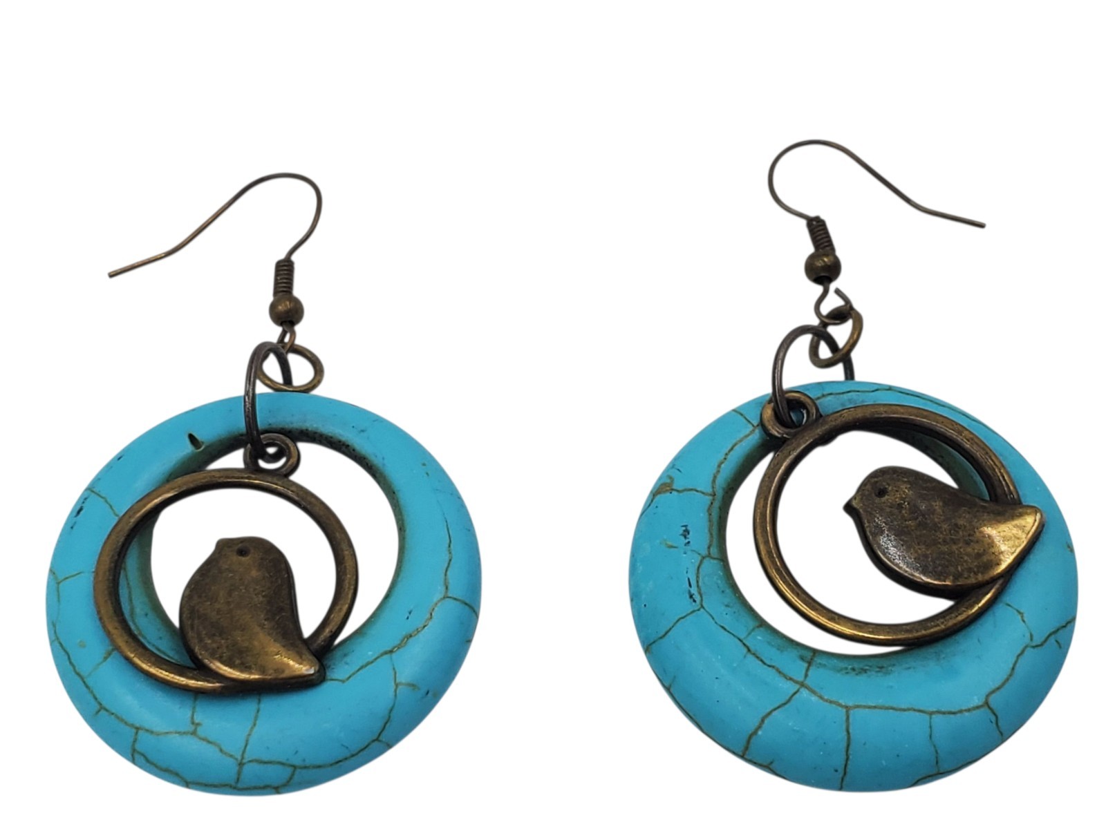 Vintage Brass and Blue Dyed Howlite Circles Dangle Bird Hook Pierced Earrings