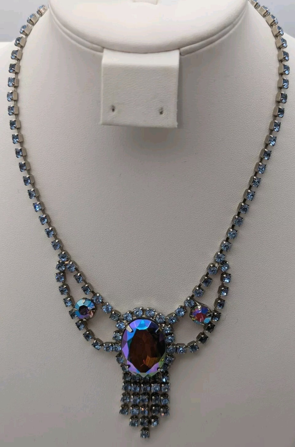 Vintage Vibrant Peacock Blue Violet Prong Set AB Rhinestone Silver Necklace