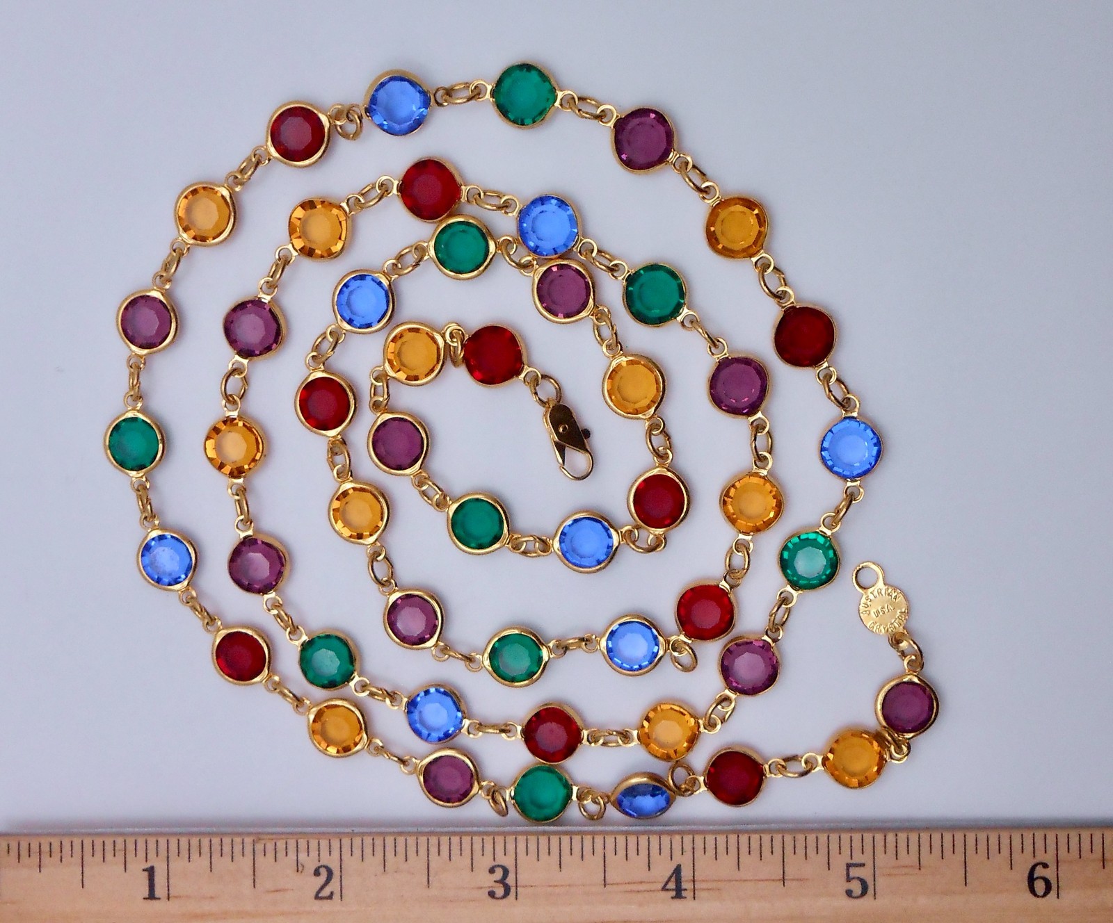 Vintage Austrian Crystal USA Multicolor Crystal Bezel Necklace 35″ Long N37
