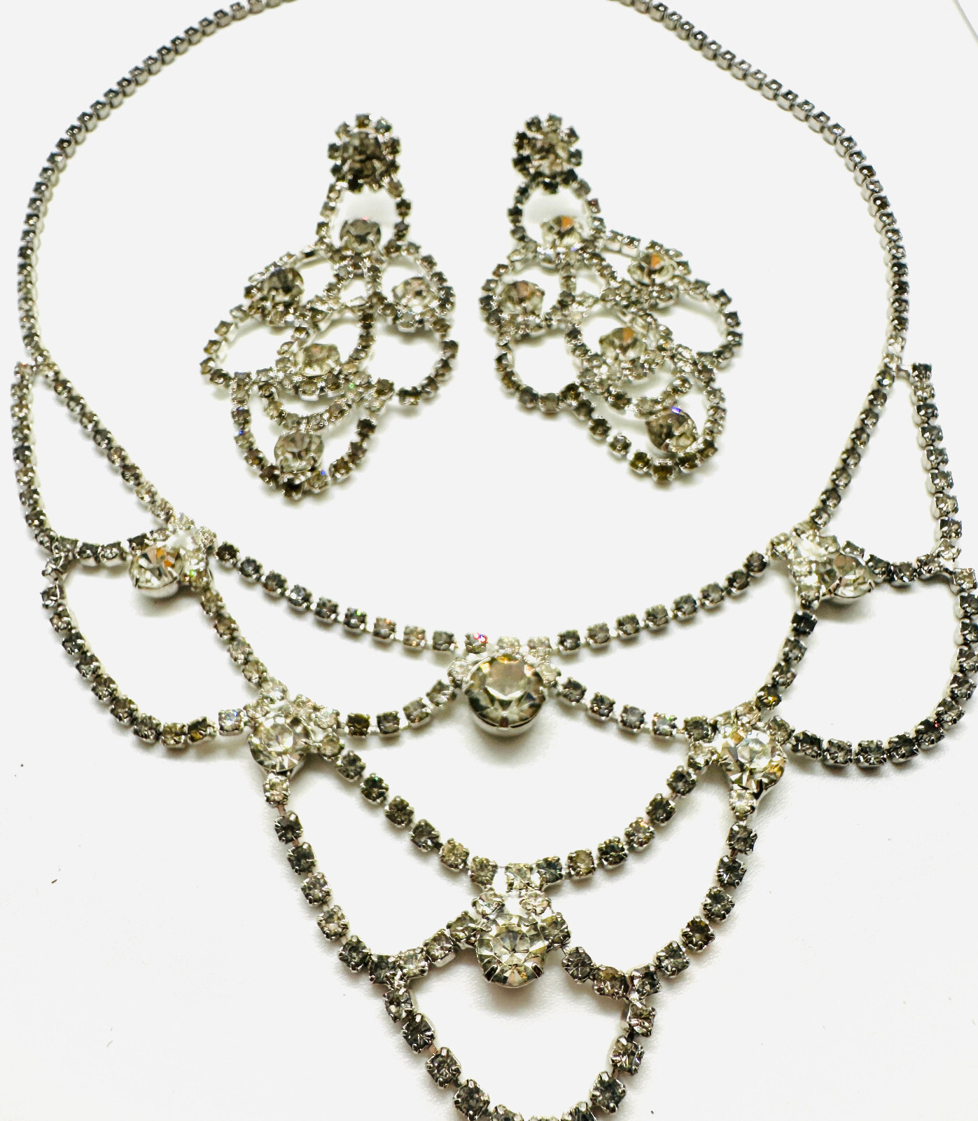 Vintage NOS Smokey Crystal Rhinestone Festoon Necklace & Pierced Earrings Set