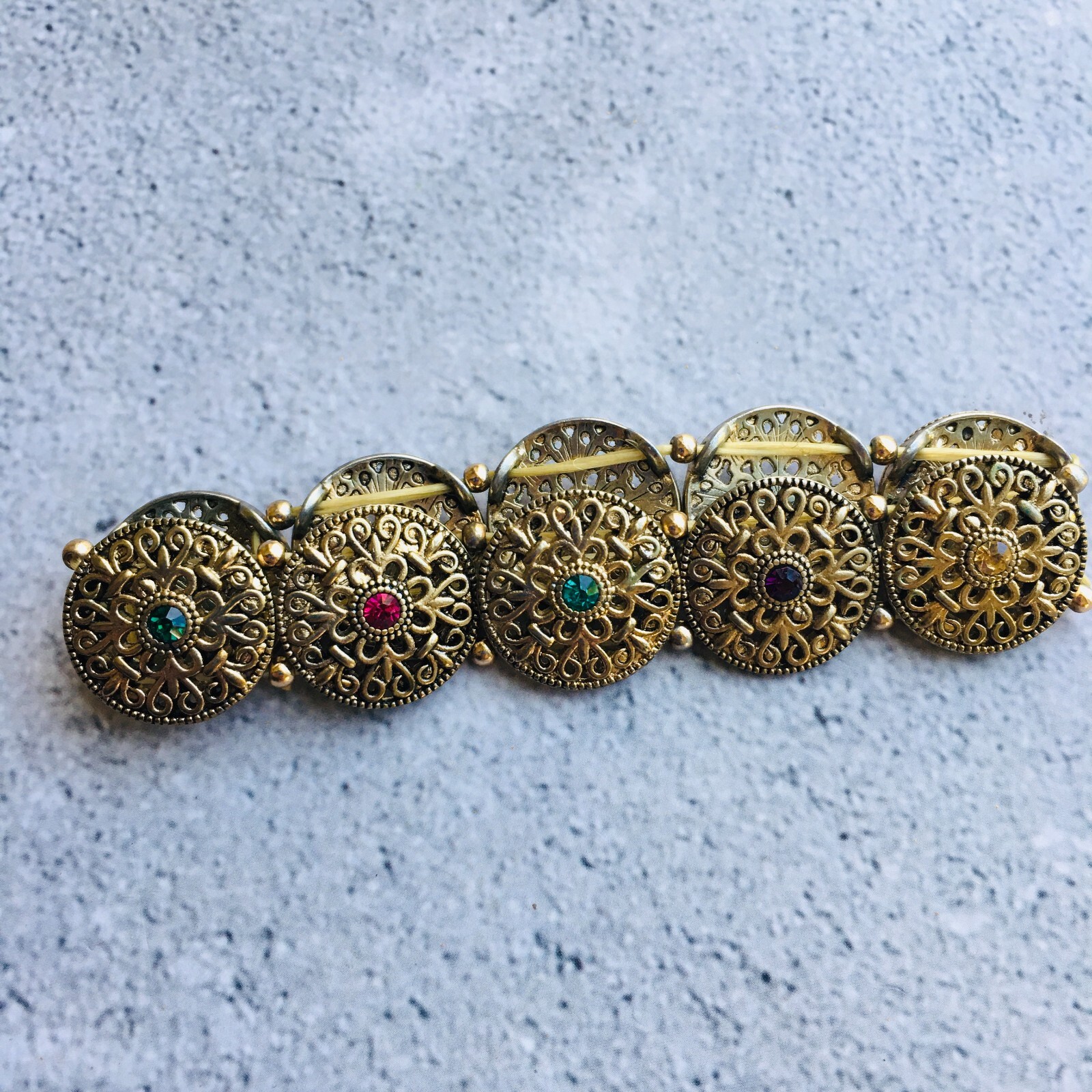 Gold Tone Filigree Multi Colored Rhinestone Expanding Bracelet 4″