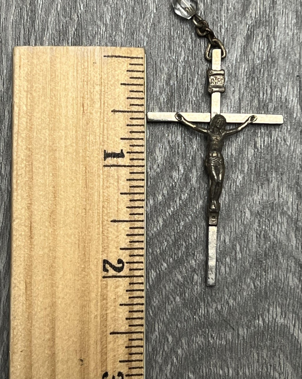 Vintage Catholic Rosary Clear Glass Beads Silver Tone Crucifix Mary Medal