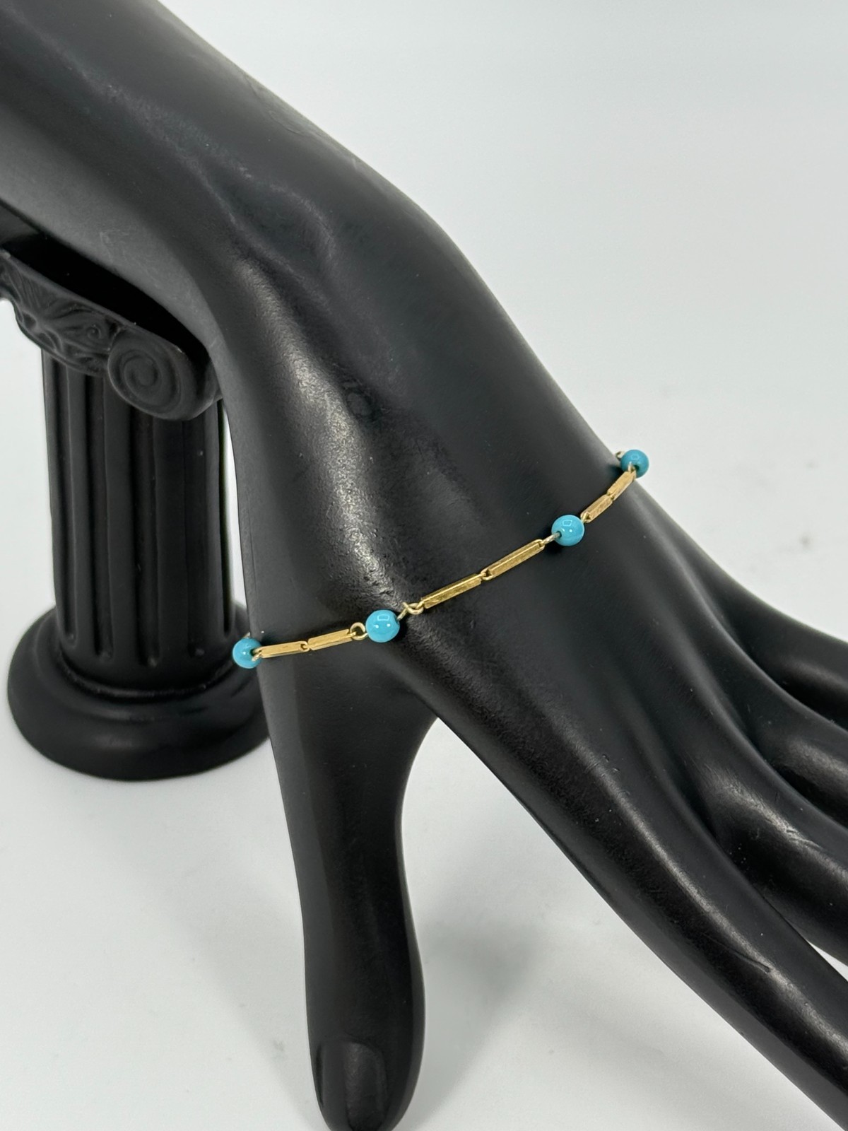VTG Yellow Gold Filled Delicate Bar Link Chain Bracelet Blue Beads Germany 2 GR