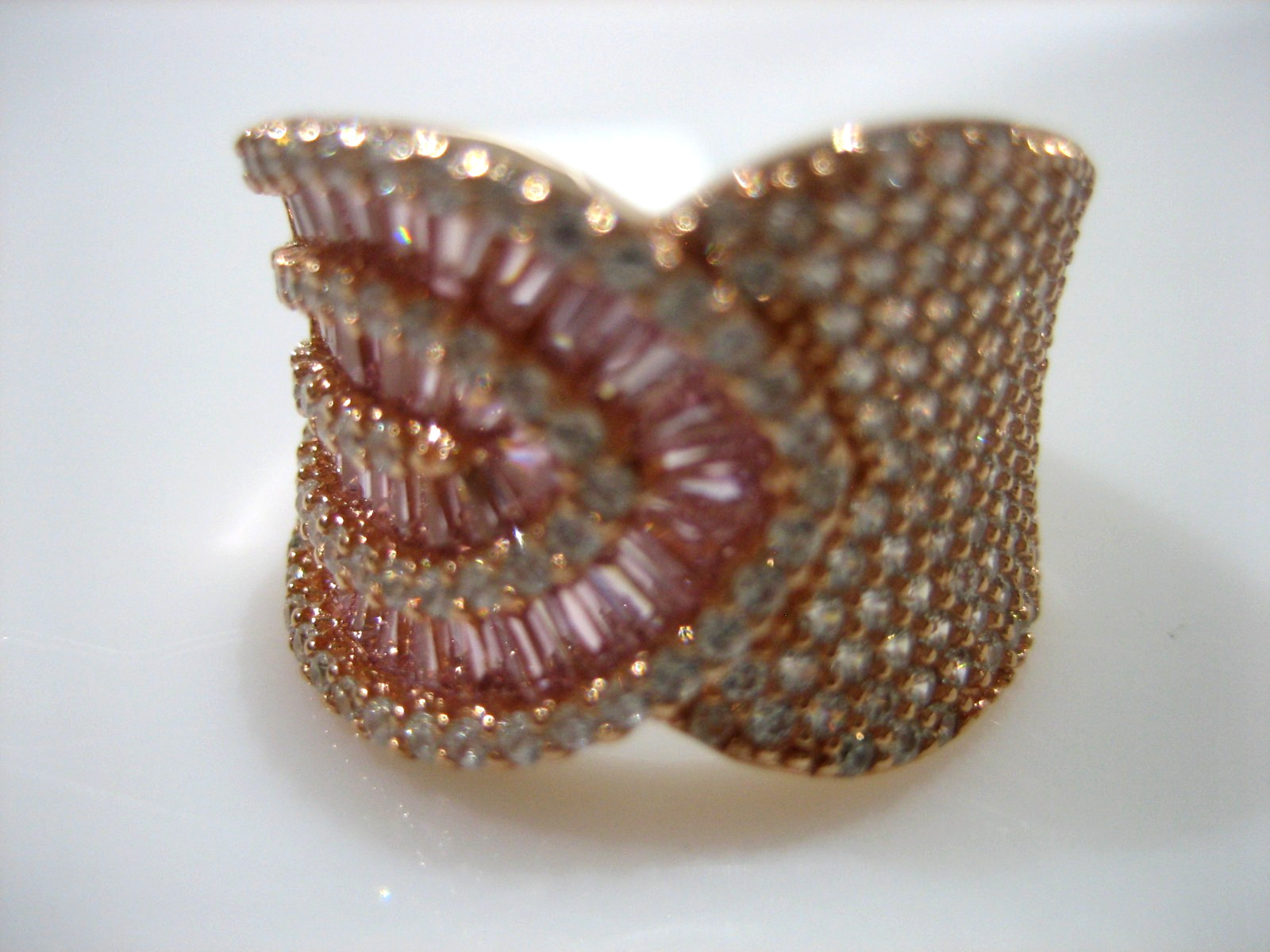 STUNNING YGI ROSE GOLD TONE STERLING SILVER PINK CRYSTAL CIGAR RING SIZE 6.5