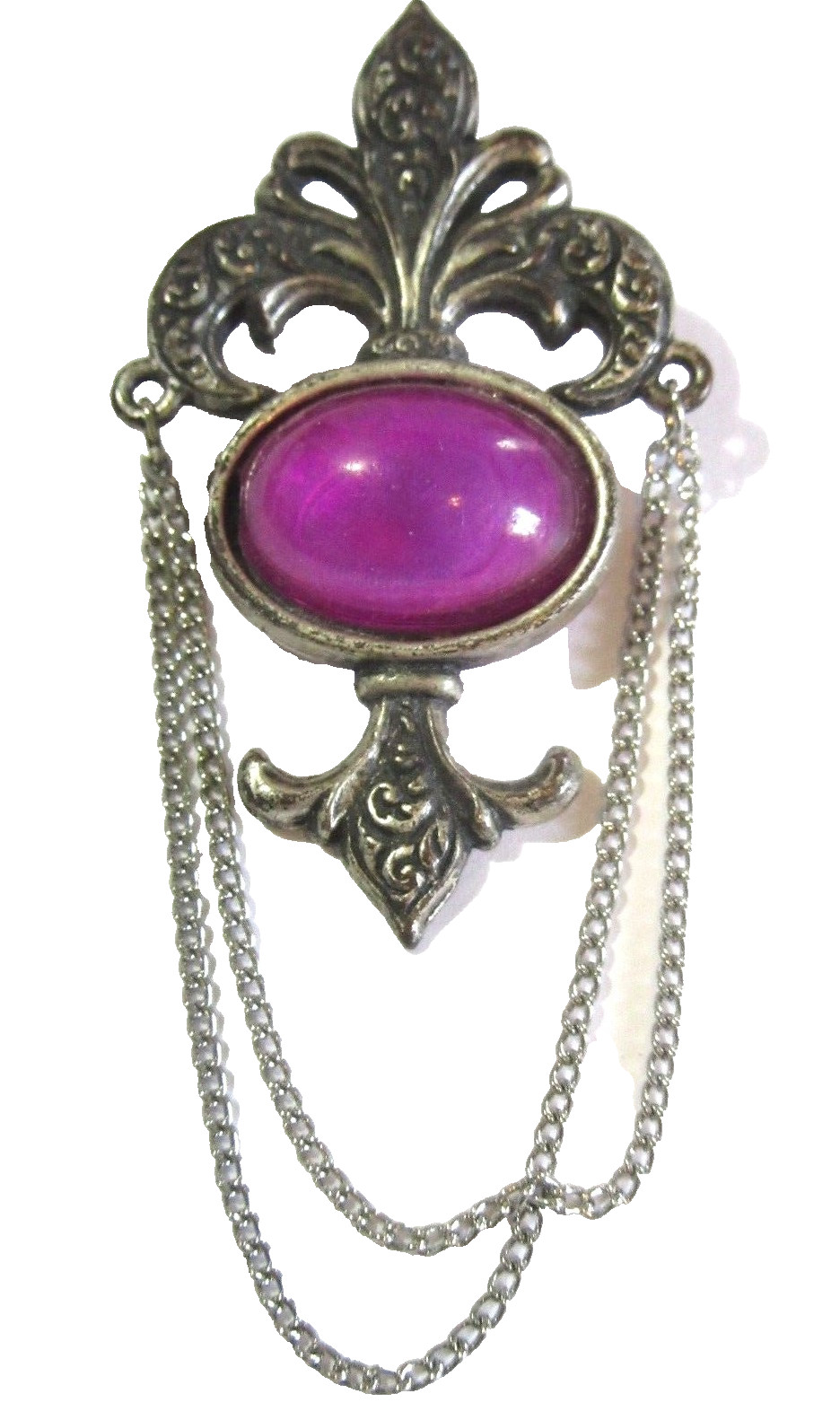 DARKENED SILVER TONE FLEUR DE LIS PURPLE STONE DANGLE CHAIN LAPEL PIN BERGERE