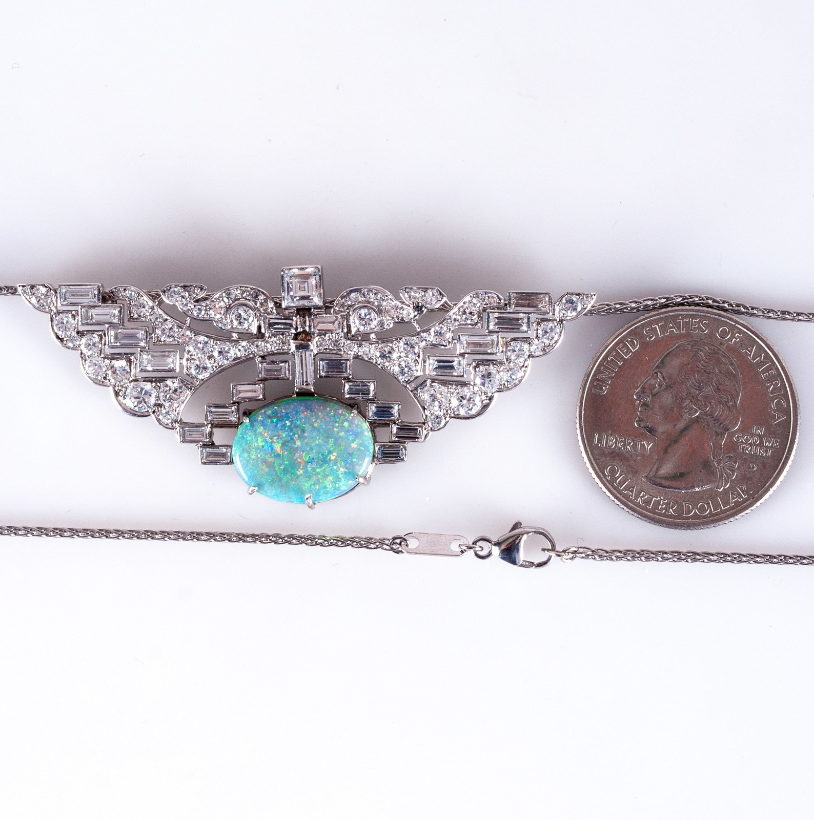 Vintage 1930’s .950 Platinum Oval Cabochon AAA Opal Diamond Necklace 7.89ctw