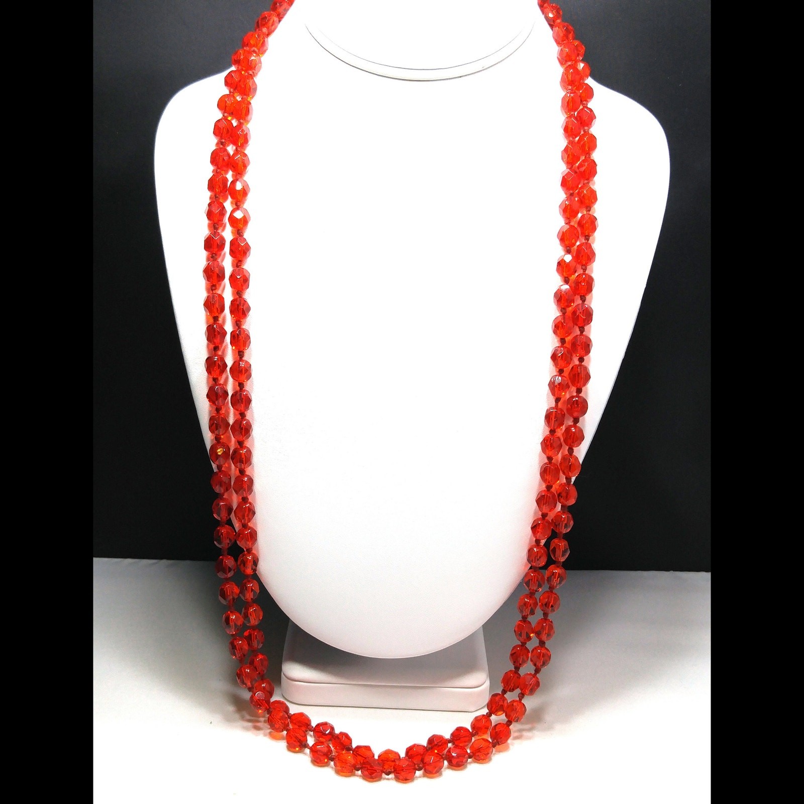 Vintage Red Crystal Hand Knotted Long Necklace, 62 Inches, No Clasp, Vintage