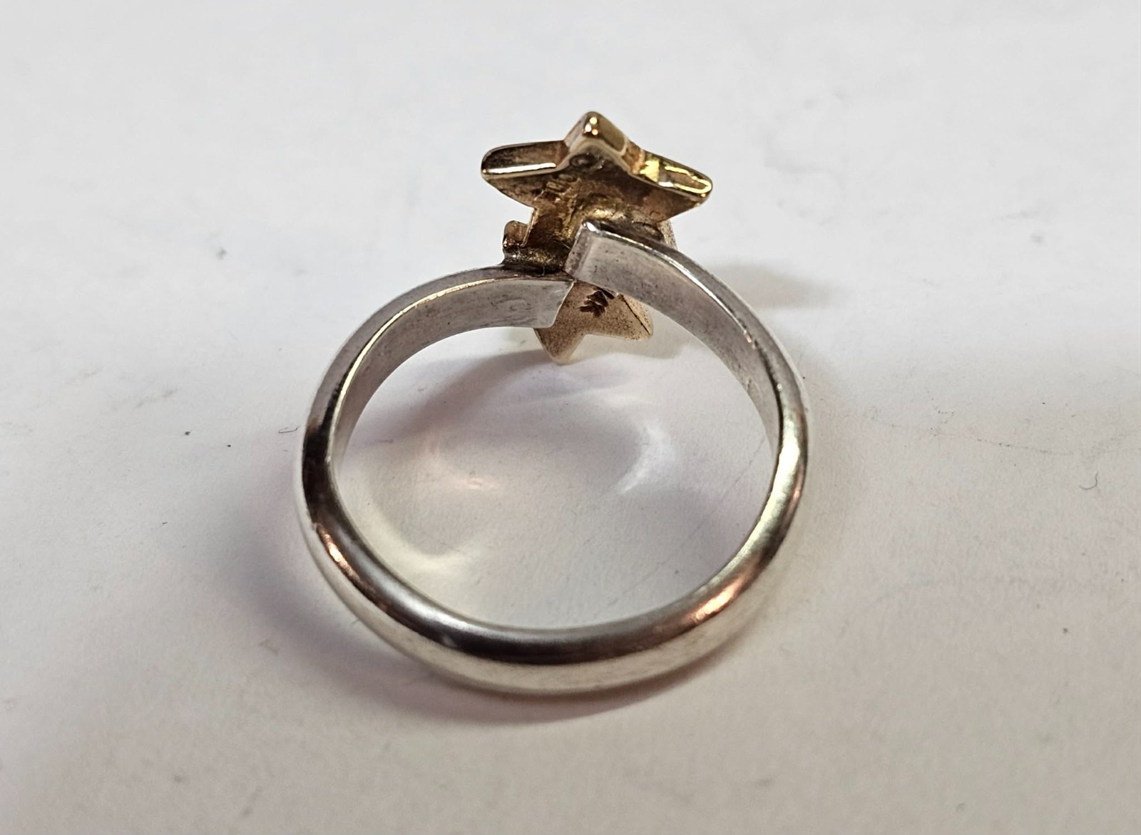 Sterling Silver & 14k Gold Woman Lady Fashion Ring W/ 2 Stars Sz 5″-3.31g-Tested