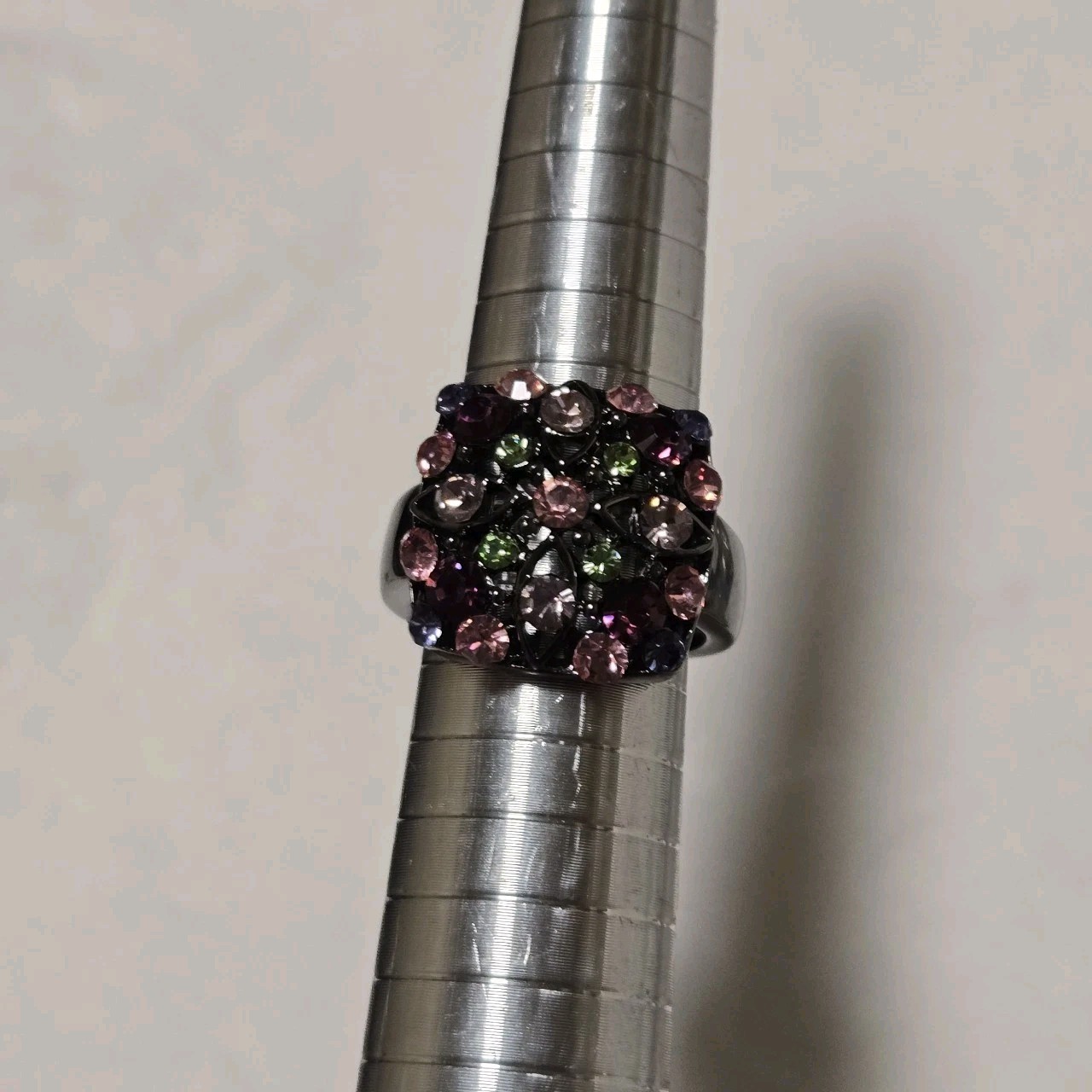 Gunmetal Pink Purple Colorful Rhinestones Ring Size 6.75″