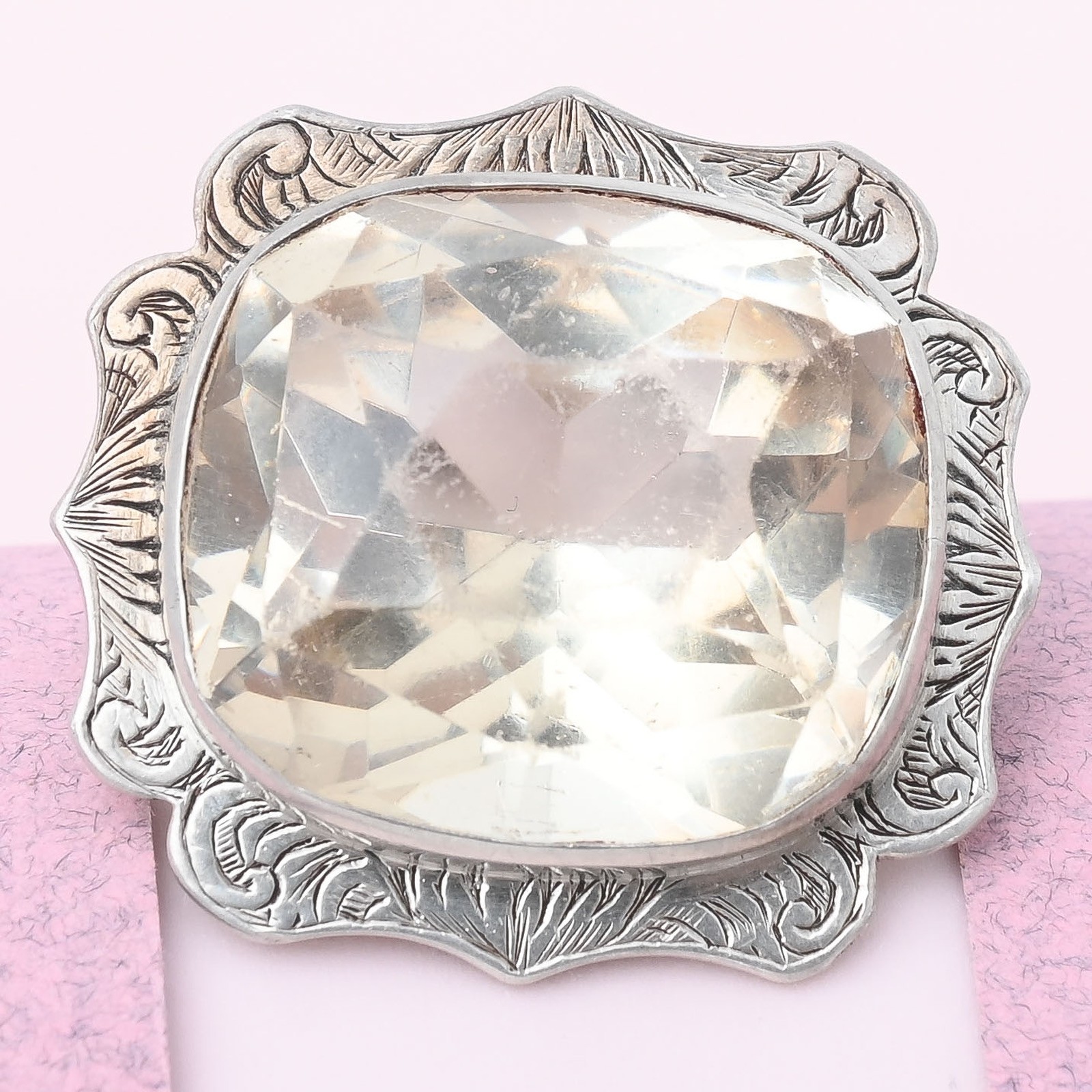 Antique Victorian Natural Rock Crystal Cushion Cut Sterling Silver Brooch Pin