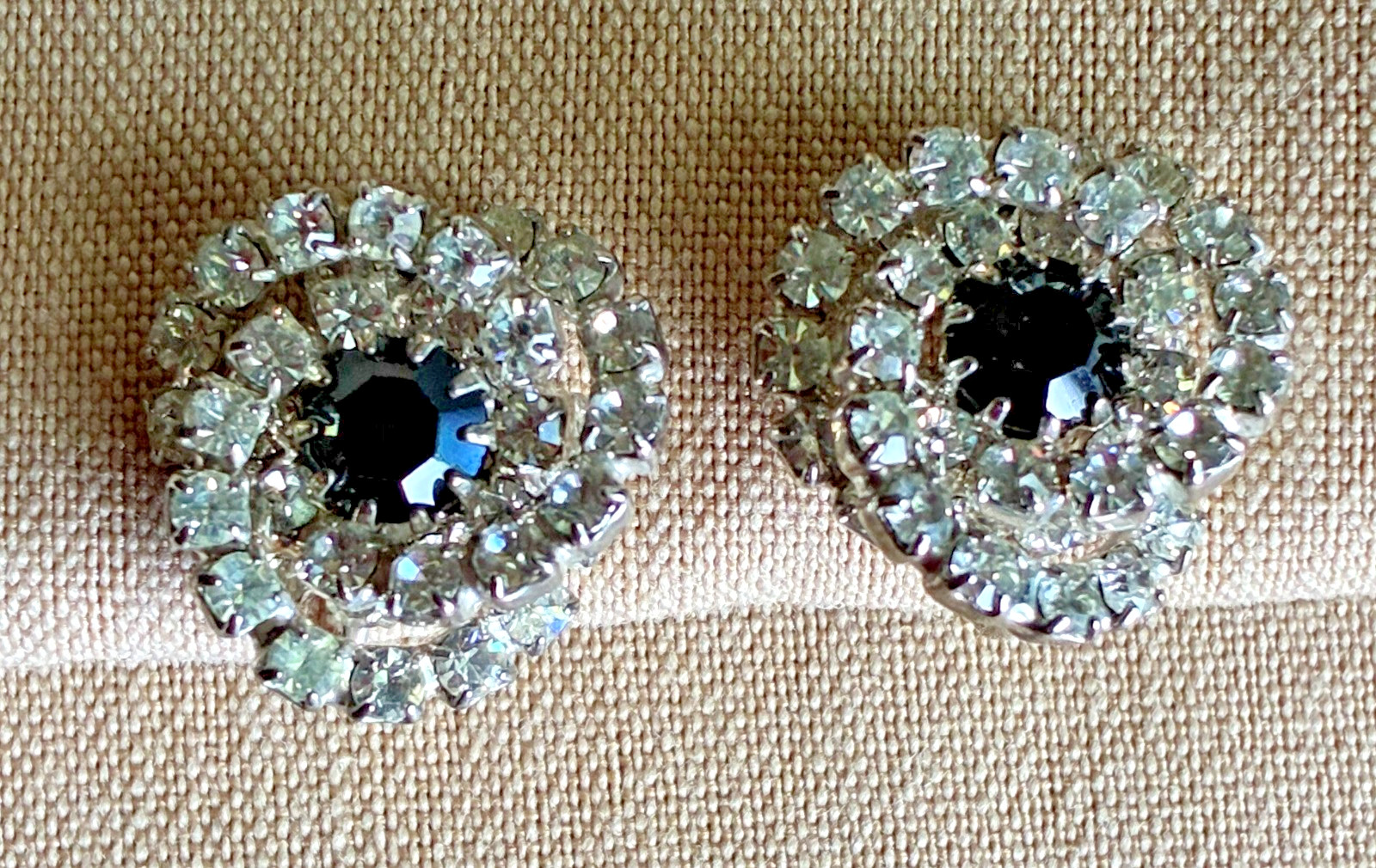 Vintage Black Clear Rhinestone Clip Earrings Double Halo Silver Tone 3/4″
