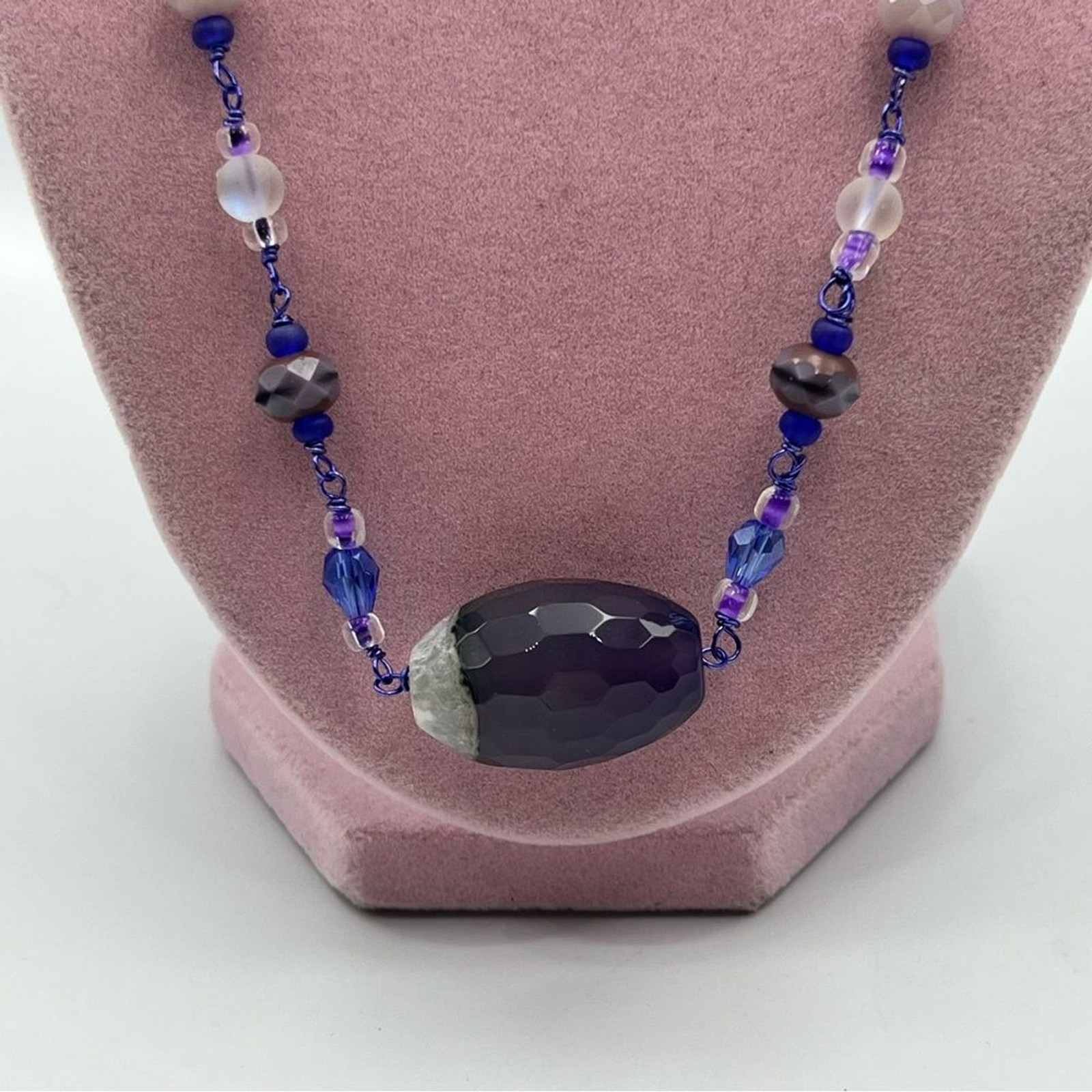 Handmade agate beaded large statement Elegant Purple and Blue Beaded Necklace