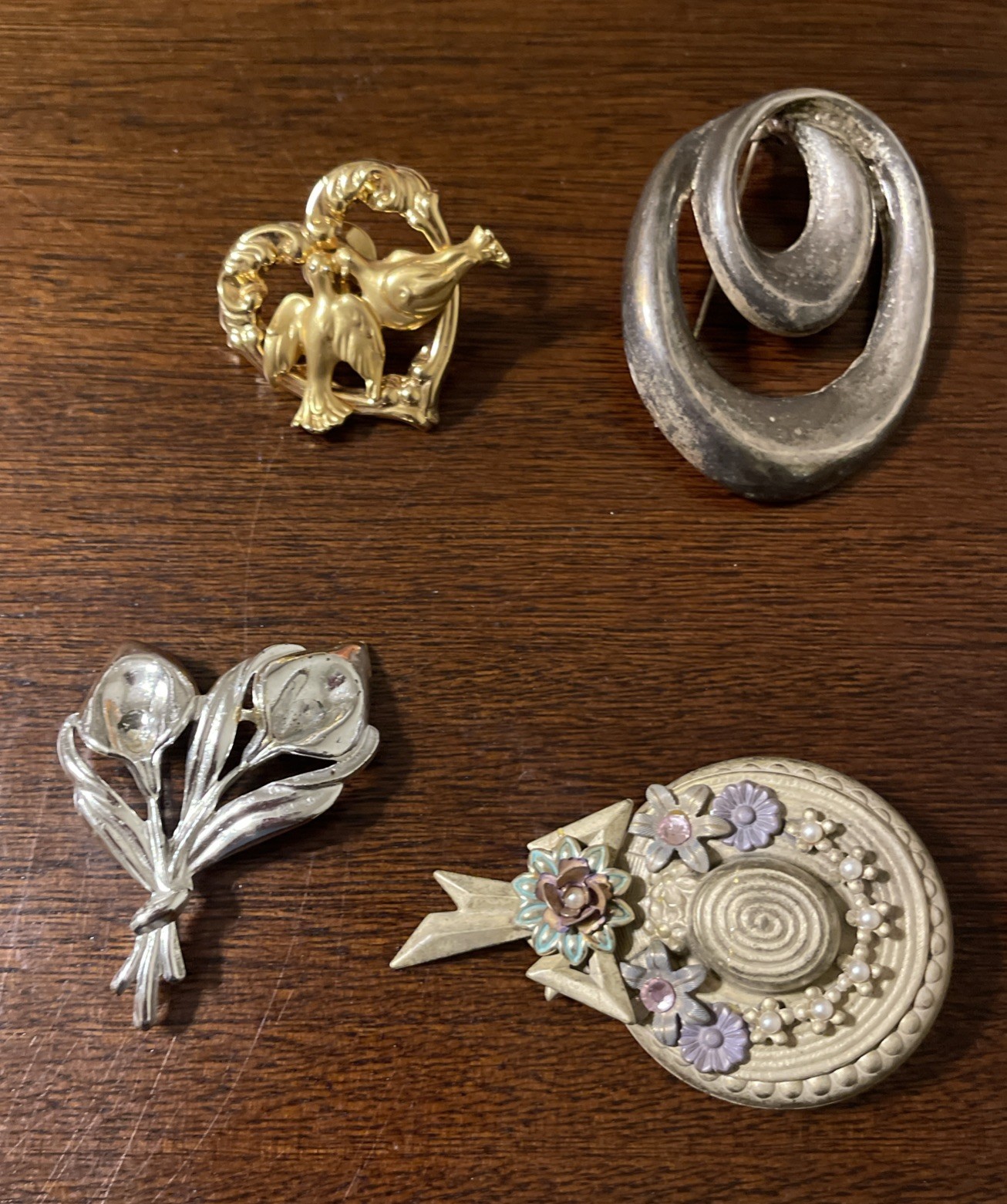 Vintage Gold Silver Tone Brooches & Pins Lot Of 8 Hammered Metal Hearts Flowers