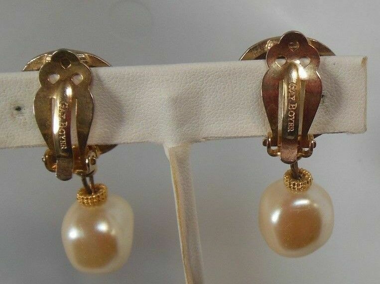 Vintage Signed Gay Boyer Faux Pearl Crown Dangle Clip-On Earrings