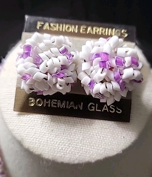Bohemian Glass Vintage Necklace & Pierced Earring Set White/Purple/Pink 80s-90’s