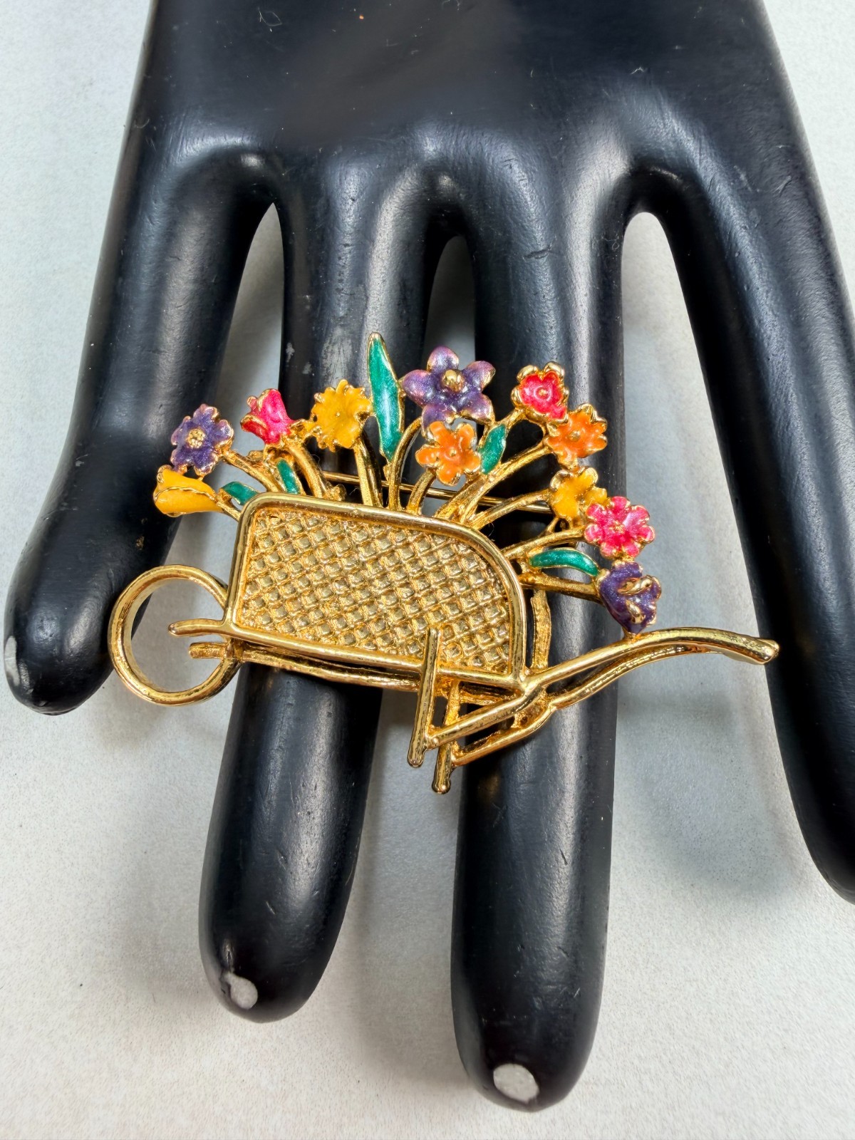 Vintage Wheelbarrow Flower Brooch Colorful Enamel Floral Garden Pin