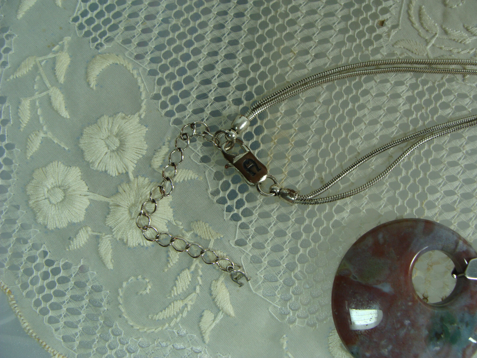 AC Double Strand Silver Tone Chain Round Disk Quartz Stone Boho Pendant Necklace