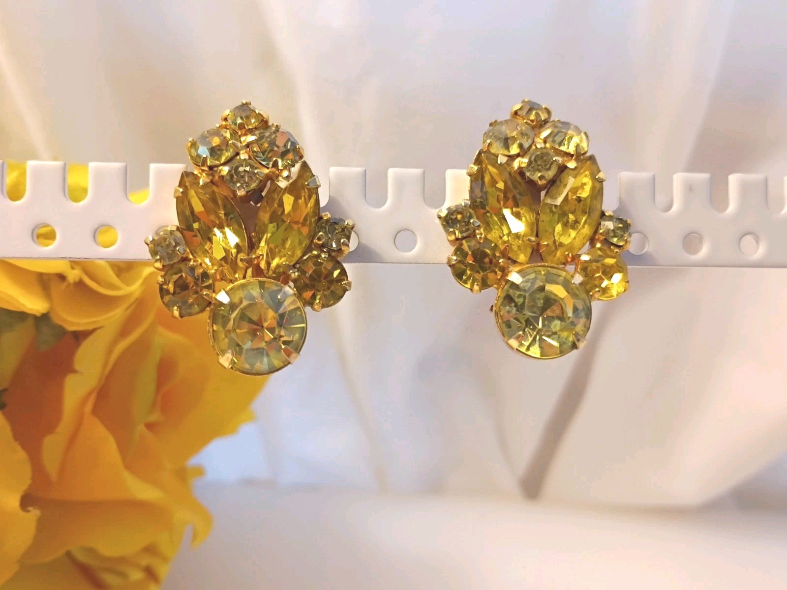 La Roco Rhinestone Vintage Clip Earrings Yellow w Gold Filled Metal