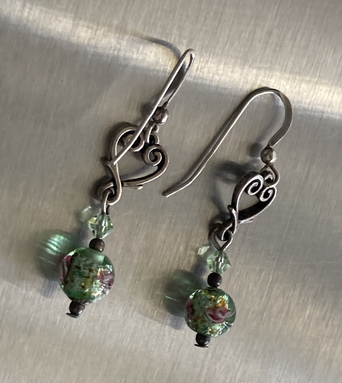 Sterling Silver Heart Round Glass Bead Earrings Dangle Drop Green Pink 1.75inch