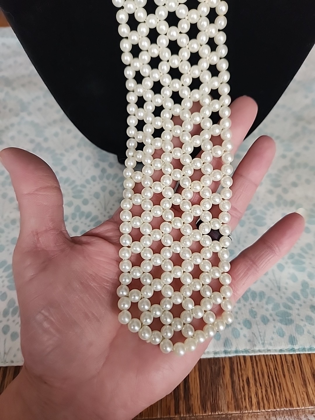 MCM Vintage Faux Pearl Tie Necktie Necklace Hong Kong 18″ Handmade Off White