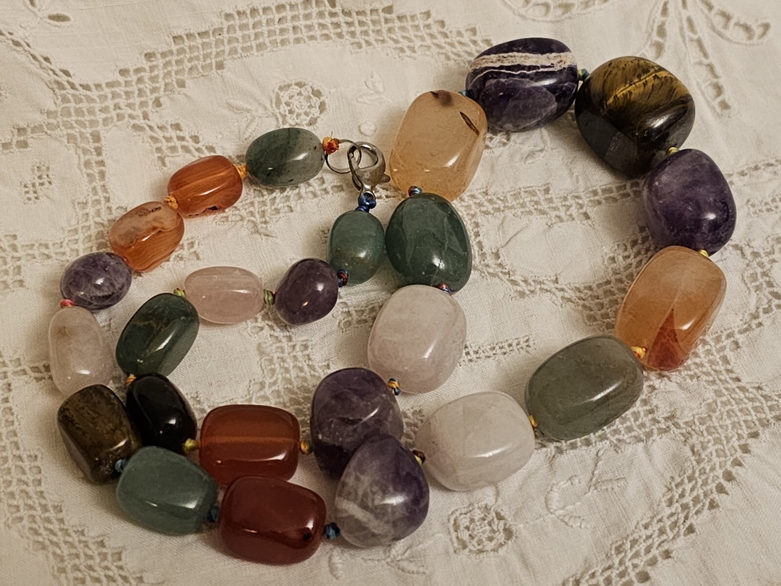 Vintage Natural Carnelian Agate Jade Aventurine Tiger’s Eye Bead Necklace
