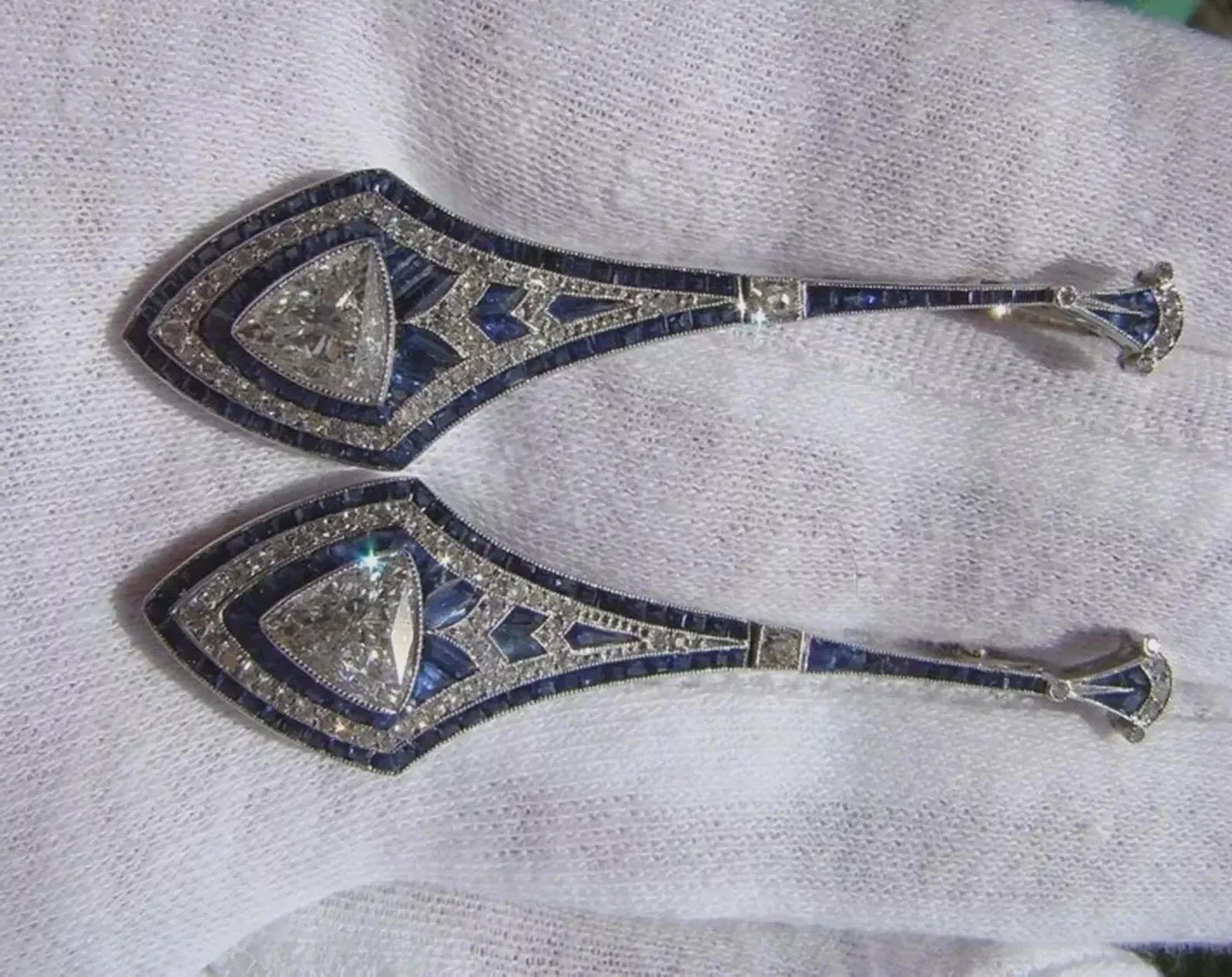 Art Deco Trillion Lab Created Diamond & Sapphire 14K White Gold FN Drop Earrings