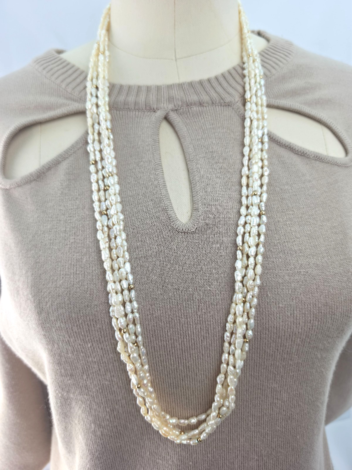 Vintage 5 Strand Cream Rice Pearl 35″ Necklace 14k Yellow Gold Accents
