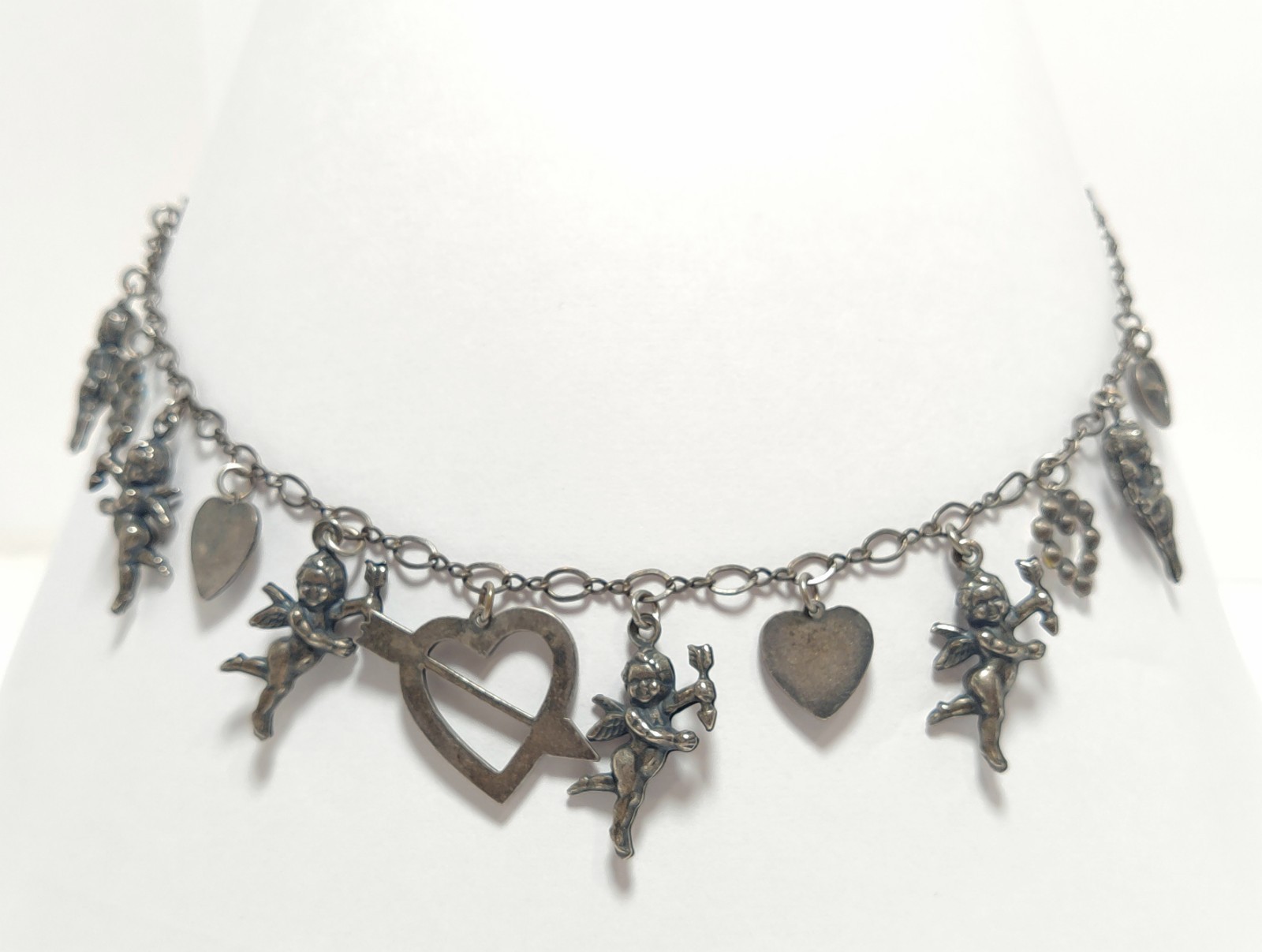 Lovely Vtg signed TOP SHELF JEWELRY AB Rhinestone Angel Design Silver Necklace