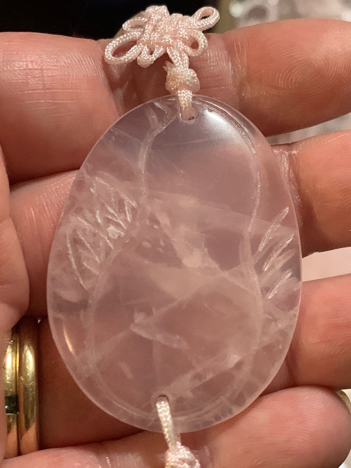 21″ VINTAGE CHINESE EXPORT CARVED PINK ROSE QUARTZ TASSEL PENDANT NECKLACE