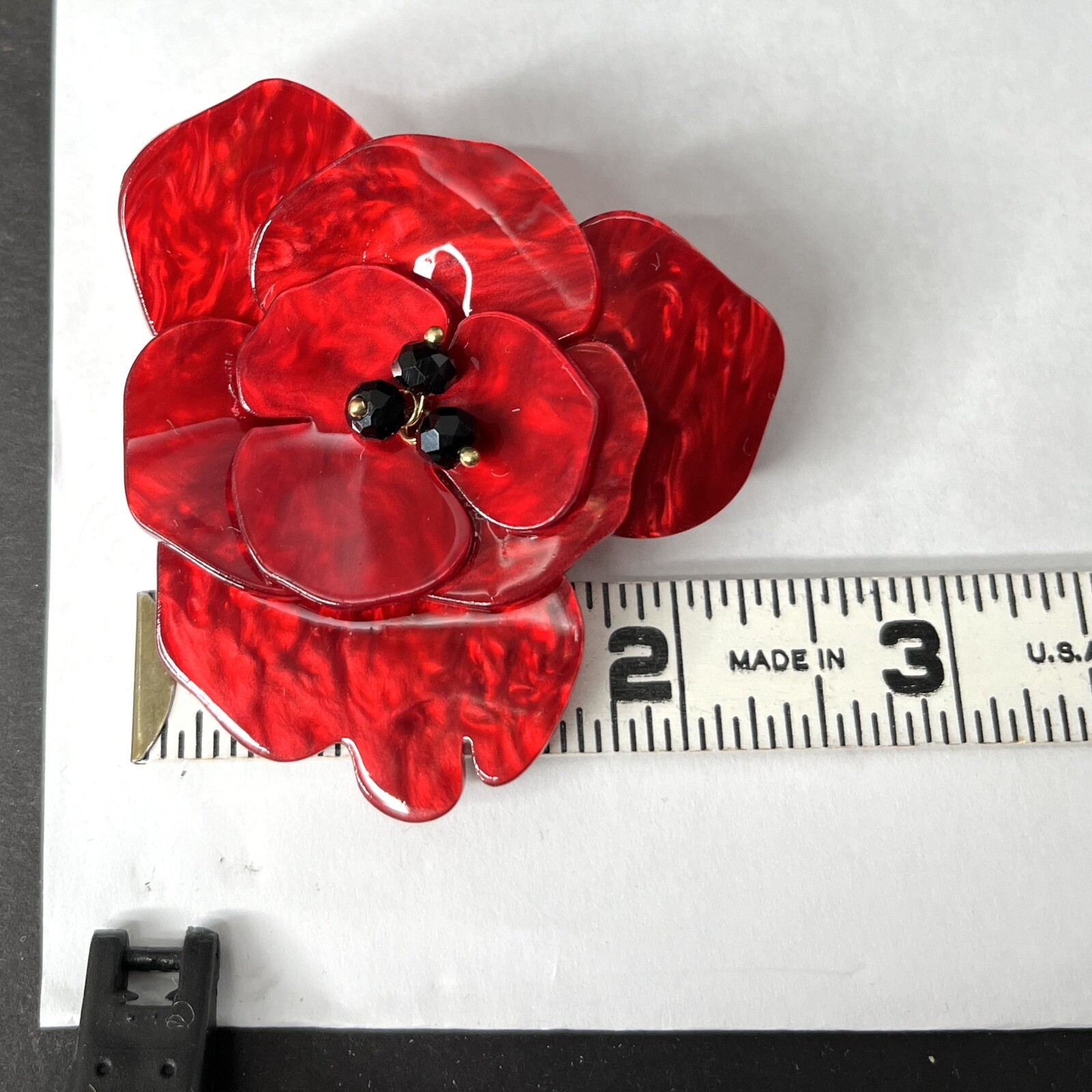 Red Poppy Flower Brooch Pin Pearlescent Lucite Acrylic 3D Statement Vtg Retro