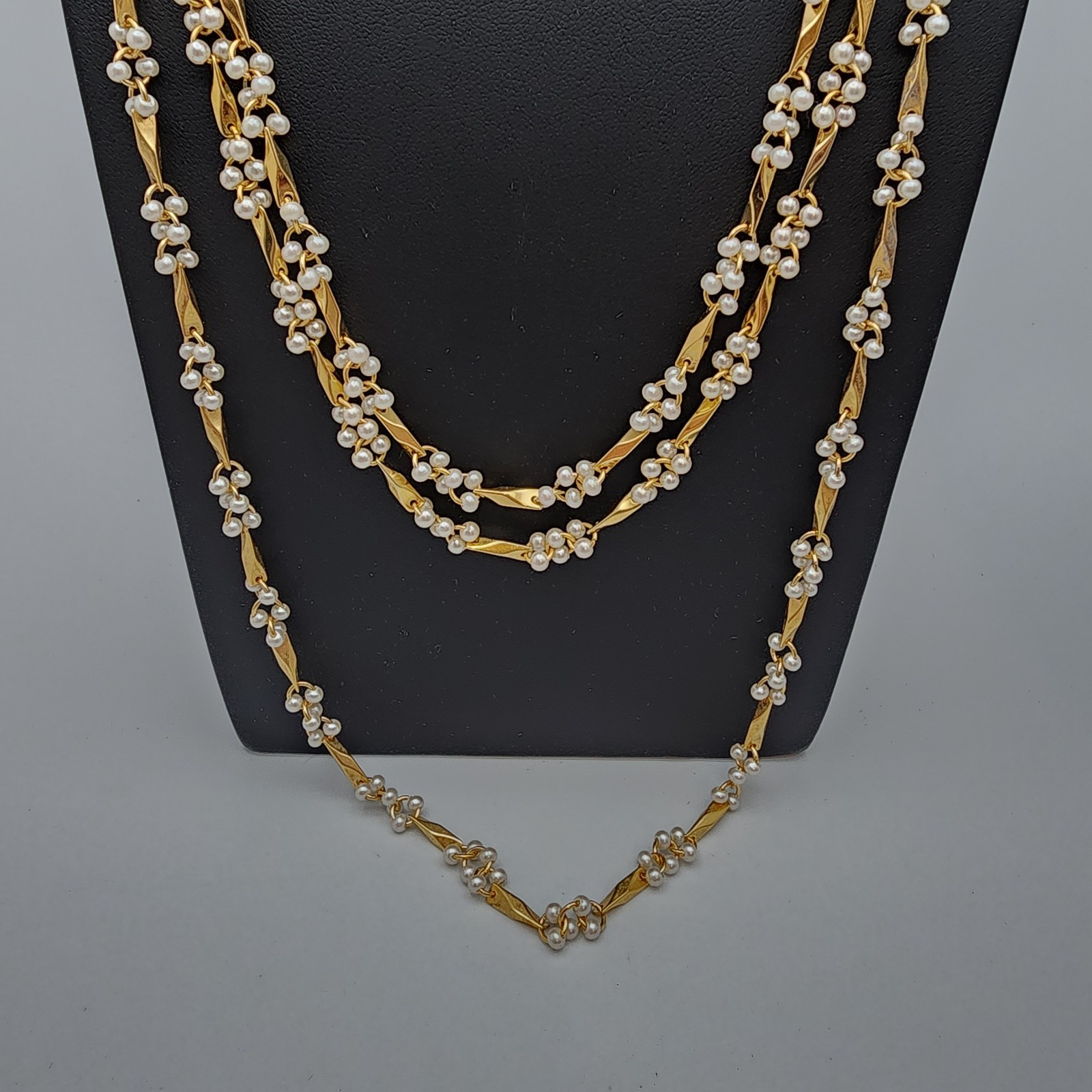 Vtg Pearl Bead Cluster Stations Necklace Twisted Bar Link Gold Tone Dainty 3