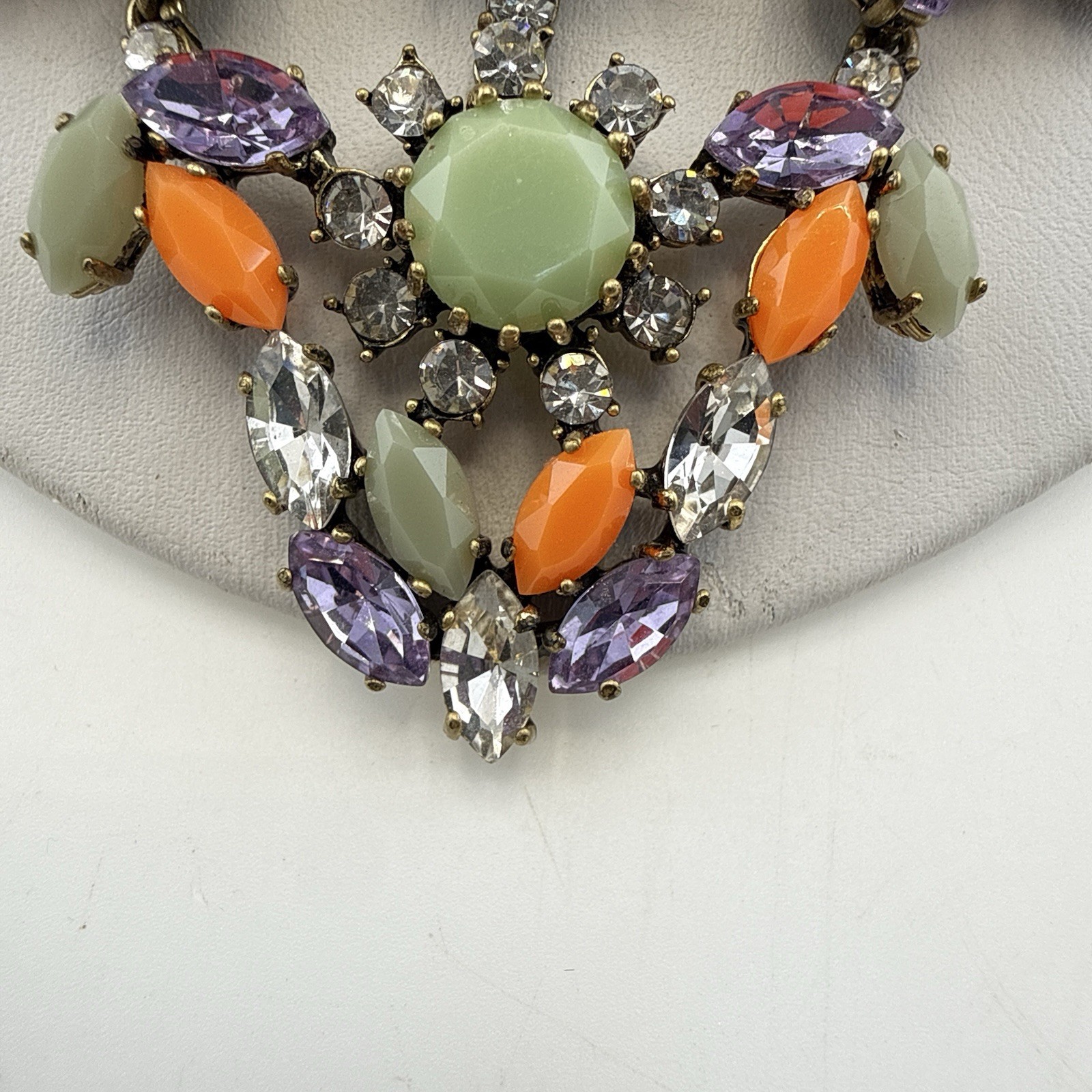 J Crew Necklace Bib Chunky Green Orange Bold Festoon Floral Rhinestone Statement