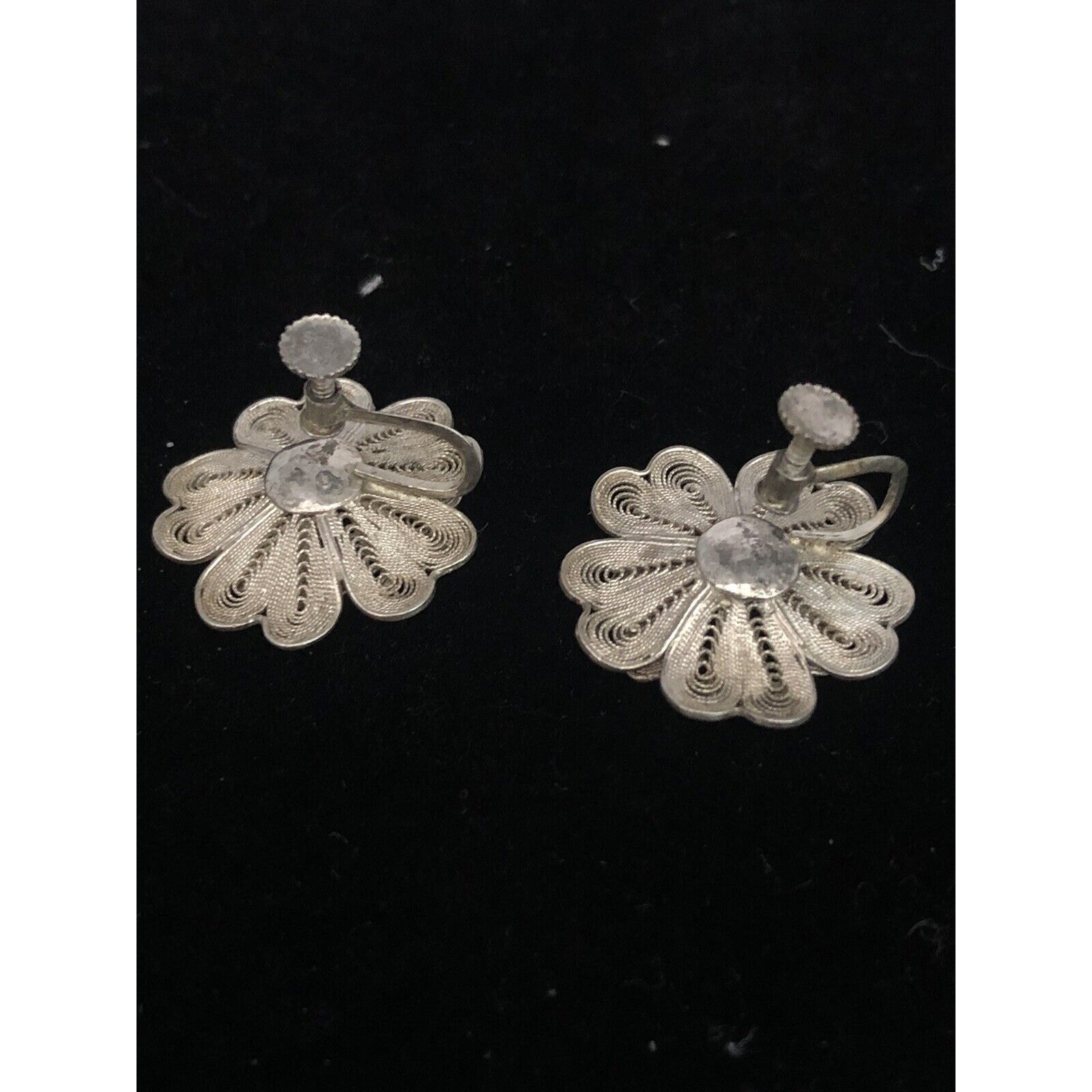 Vintage MCM Screw back 950 Fine Silver Cannetille Flower Earrings