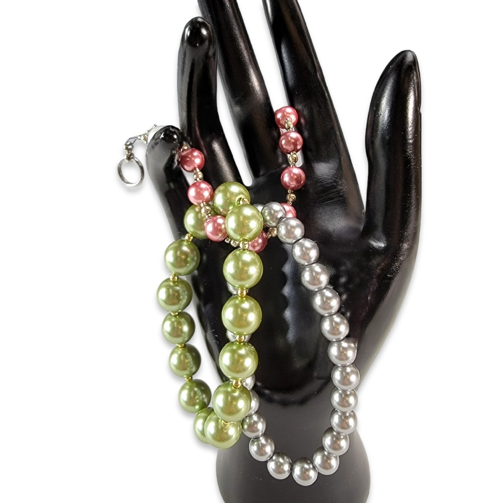 Vintage Pastel Faux Pearl Bracelets Gray Green Pink Jewelry Set of (3) 7.25″