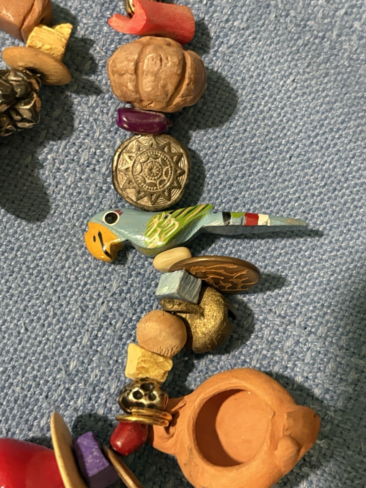VTG Handmade Worry Doll Clay Pots Wood Metal NECKLACE Guatemala