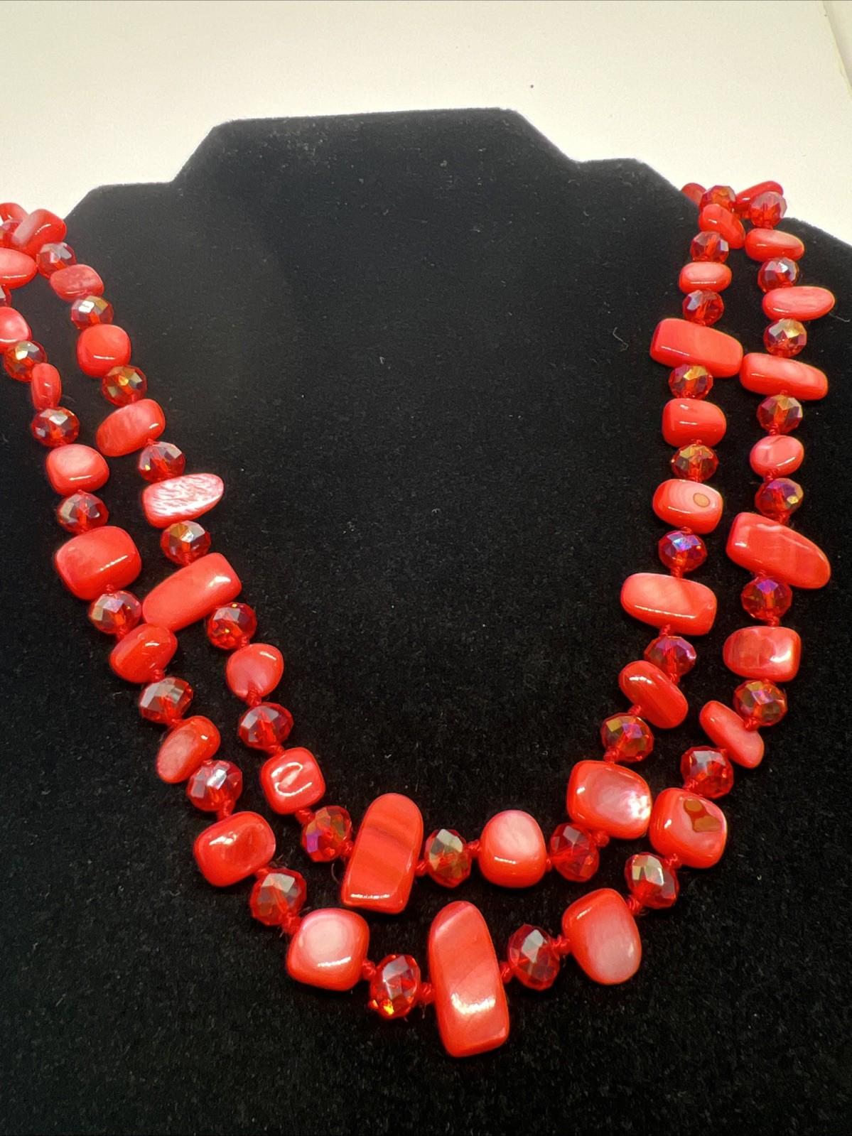 BEAUTIFUL RED MOP GLASS FACETED CRYSTAL 50” NECKLACE