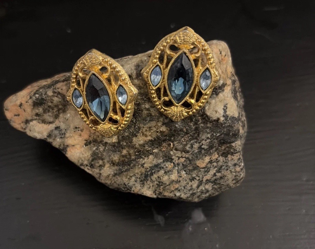 1928 Brand Pretty Filigree Pierced Earrings with Sky Blue Accents-Vintage