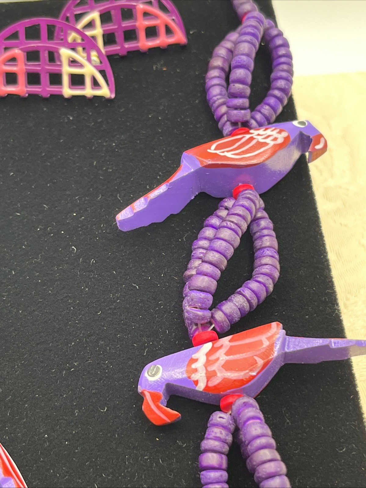Tropical Tiki Parrot Necklace Wooden Carved Beads Colorful Birds Purple Earrings