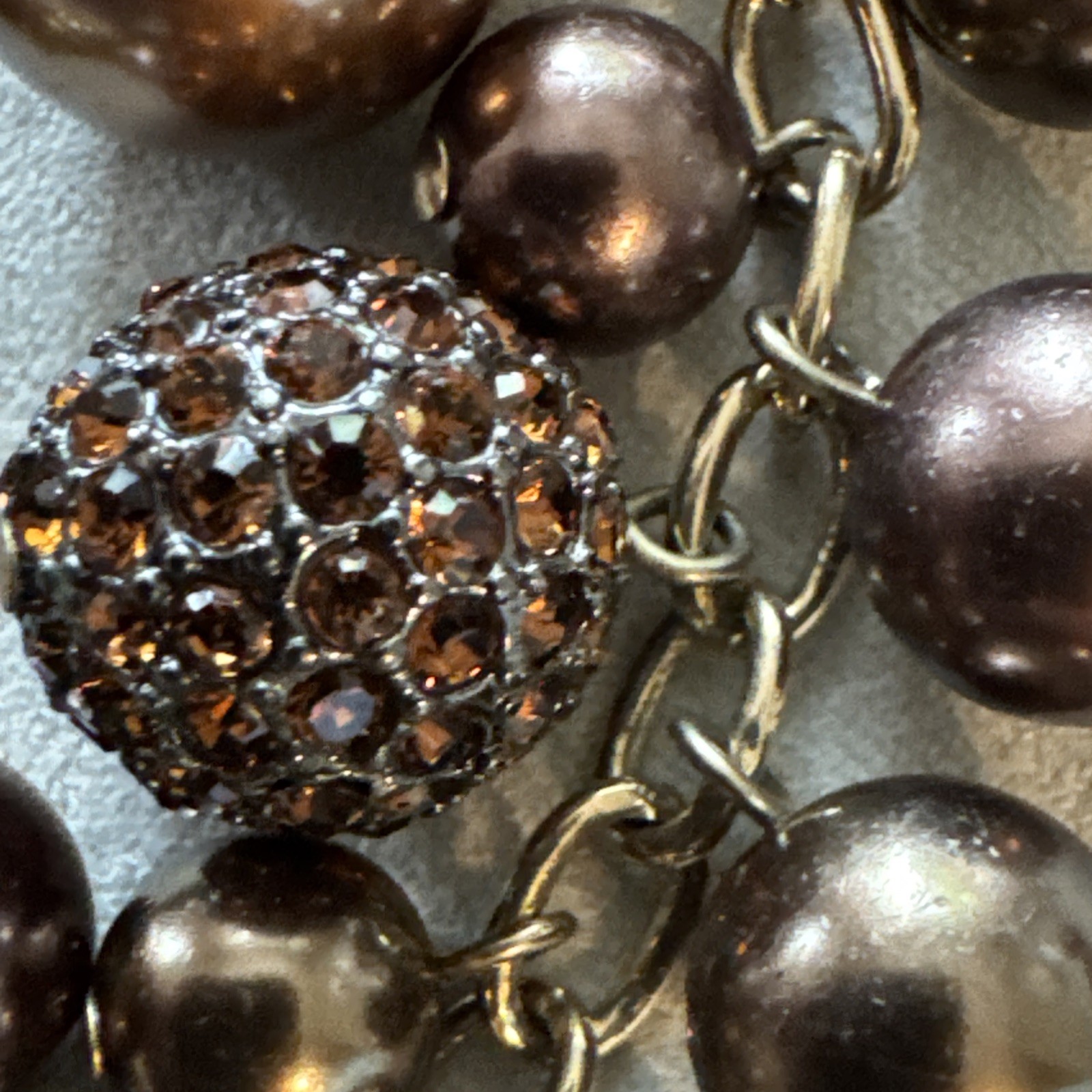 Vintage Carolee Toggle Bracelet With Brown Crystals And Faux Pearl Bauble Balls
