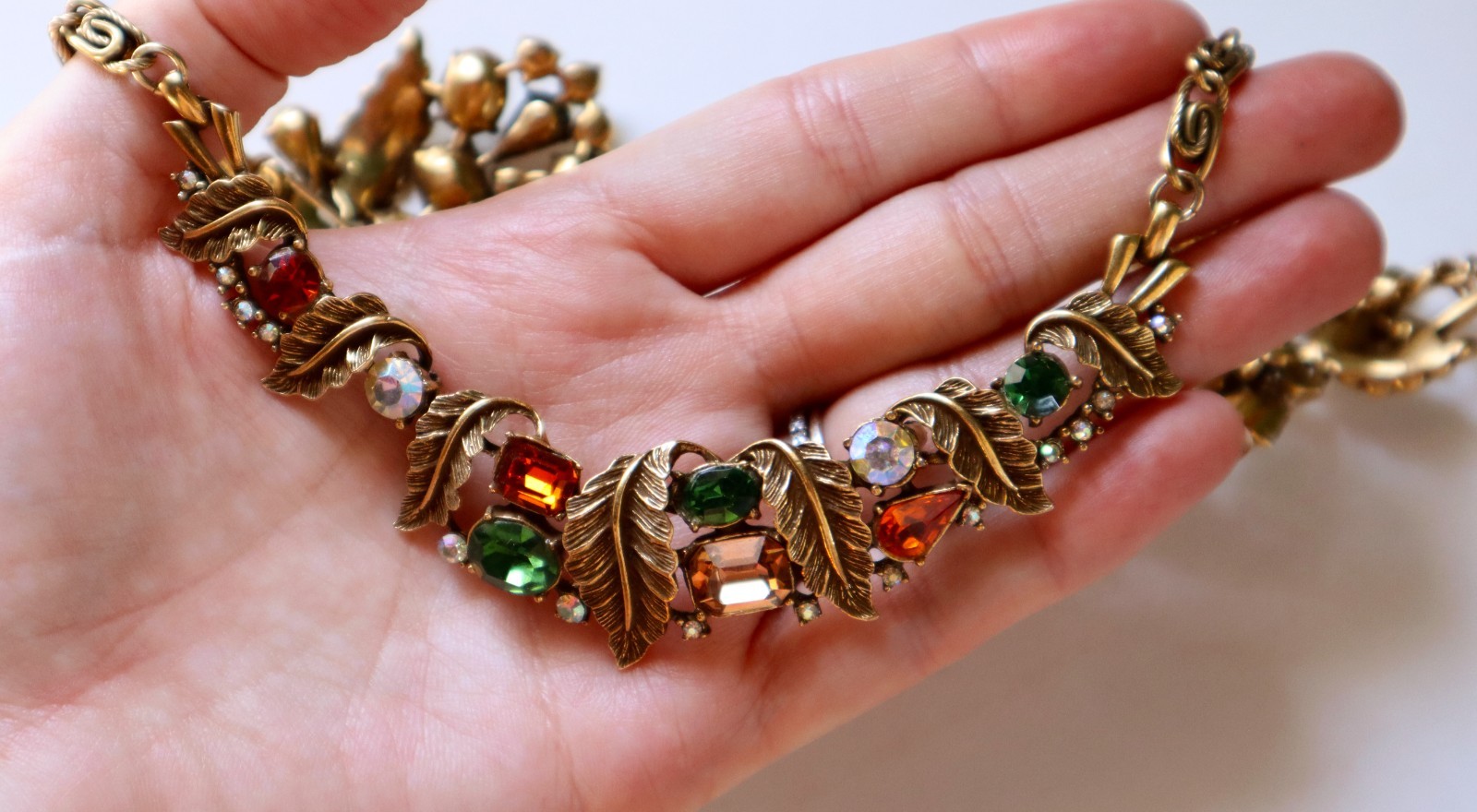 Vintage CORO PARURE Rhinestone Set Fall Colors Necklace Bracelet Earrings Brooch