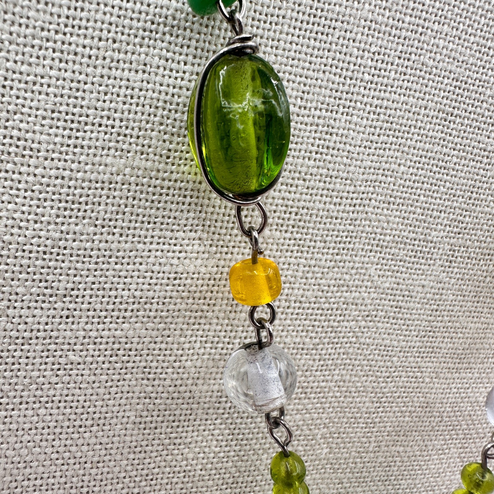 Vintage Green Glass Bead Tassel Necklace Wire Wrapped Yellow Crystal Y Drop Boho