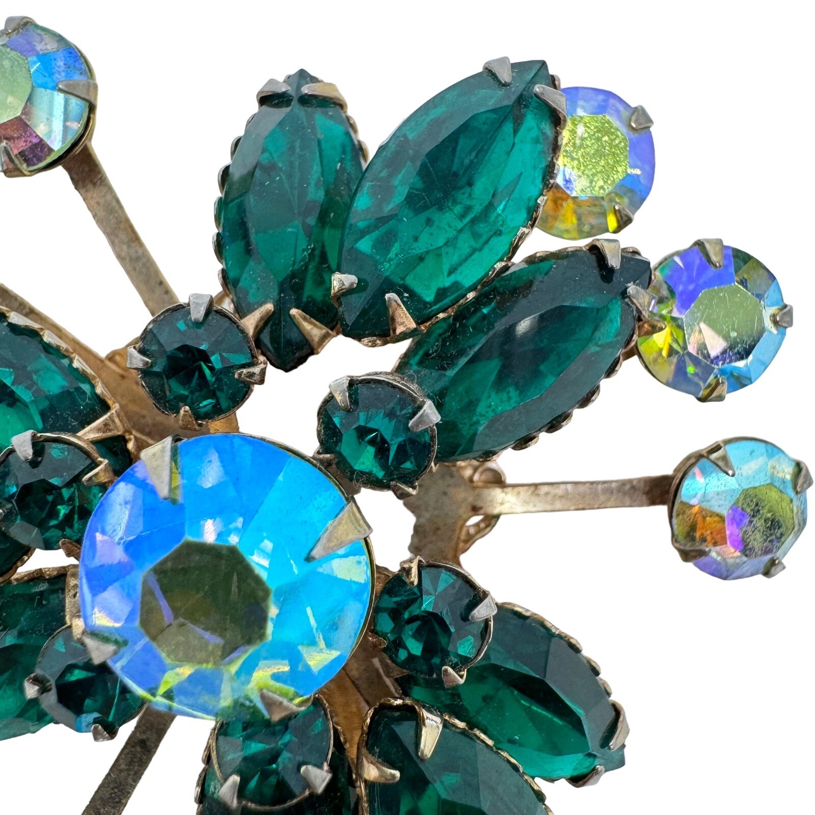 Vtg Gold Tone Light Dark Green Rhinestone Brooch Rivet Filigree Back Satellite