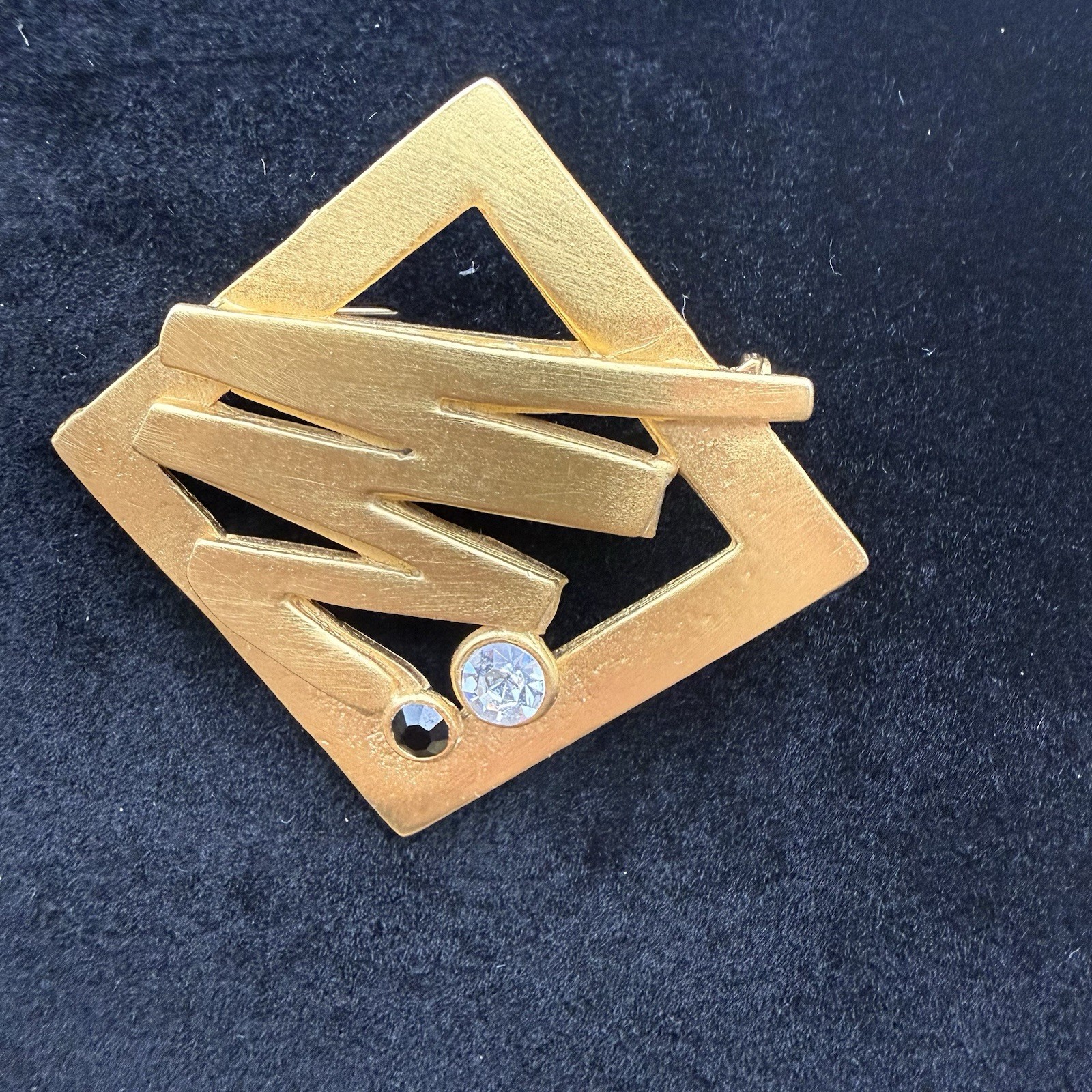 Vintage Modernist Gold Tone Geometric Brooch Pin Black & Clear Rhinestones